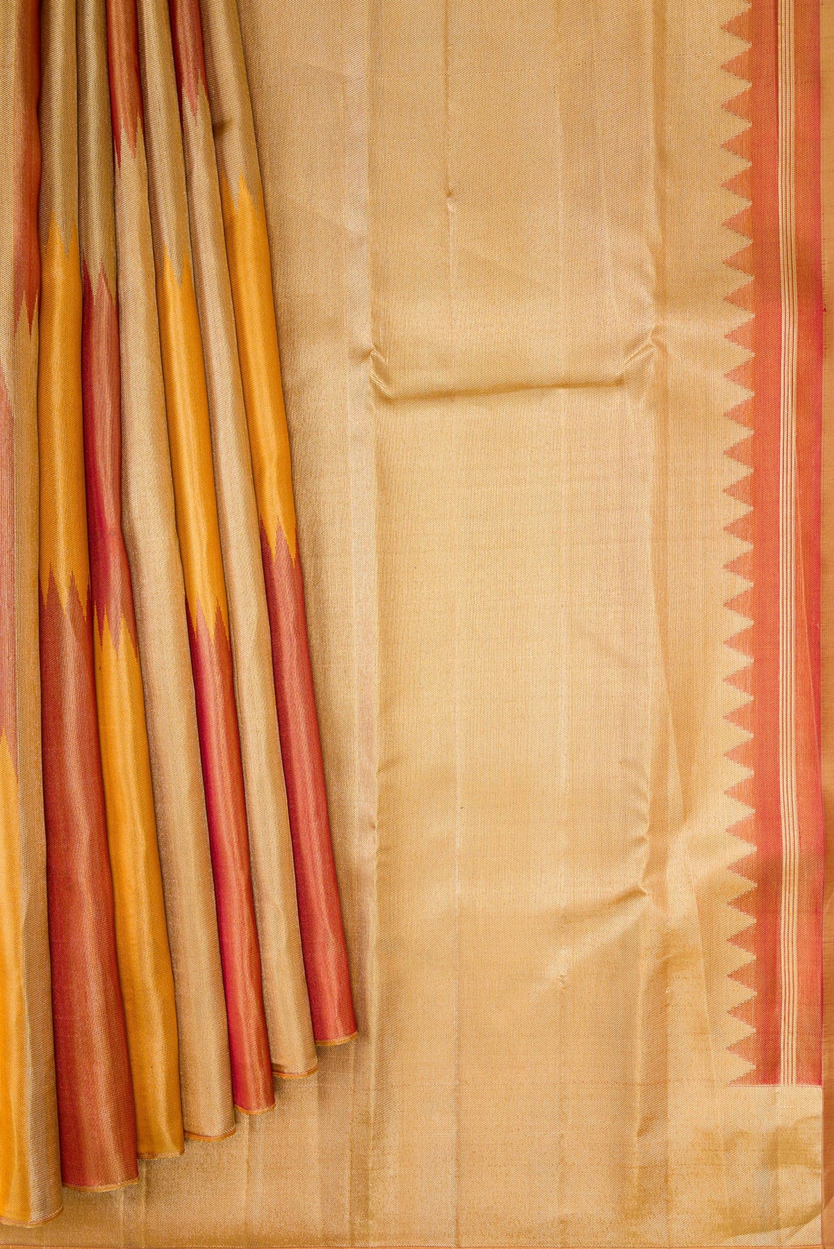 Pleats and pallu of Pure Silk Multi Color Kanjivaram Saree with Zari Brocade on the body and Without Border. 