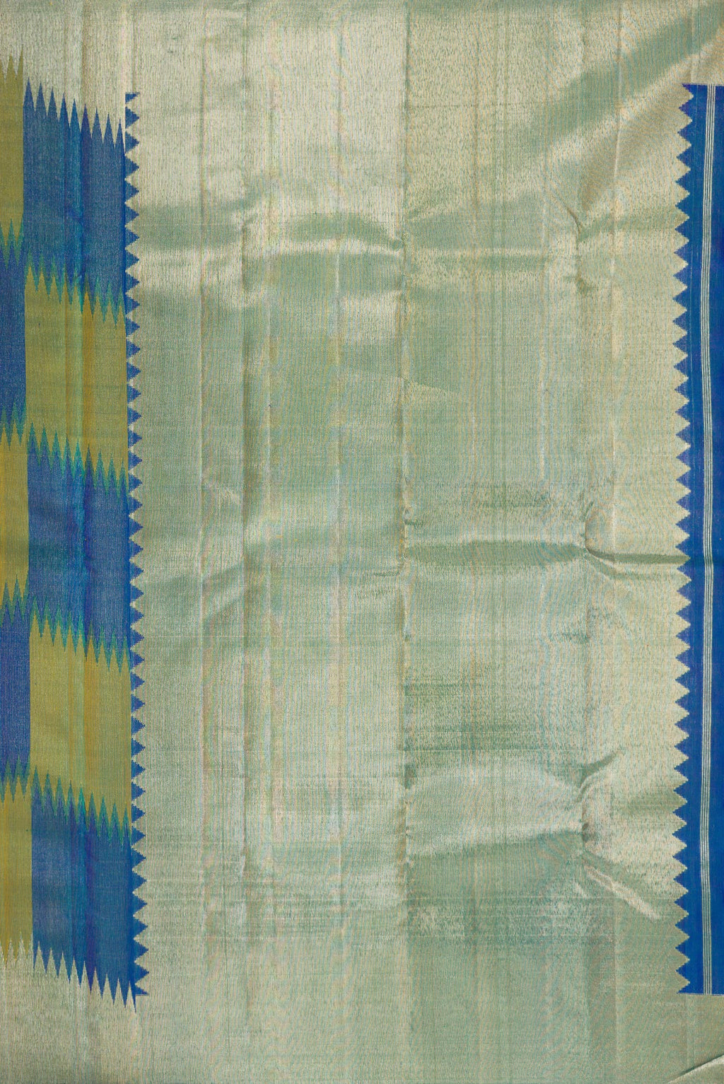 Close up image of the pallu of Pure Silk Multi Color Kanjivaram Saree with Zari Brocade on the body and Fancy Border. 