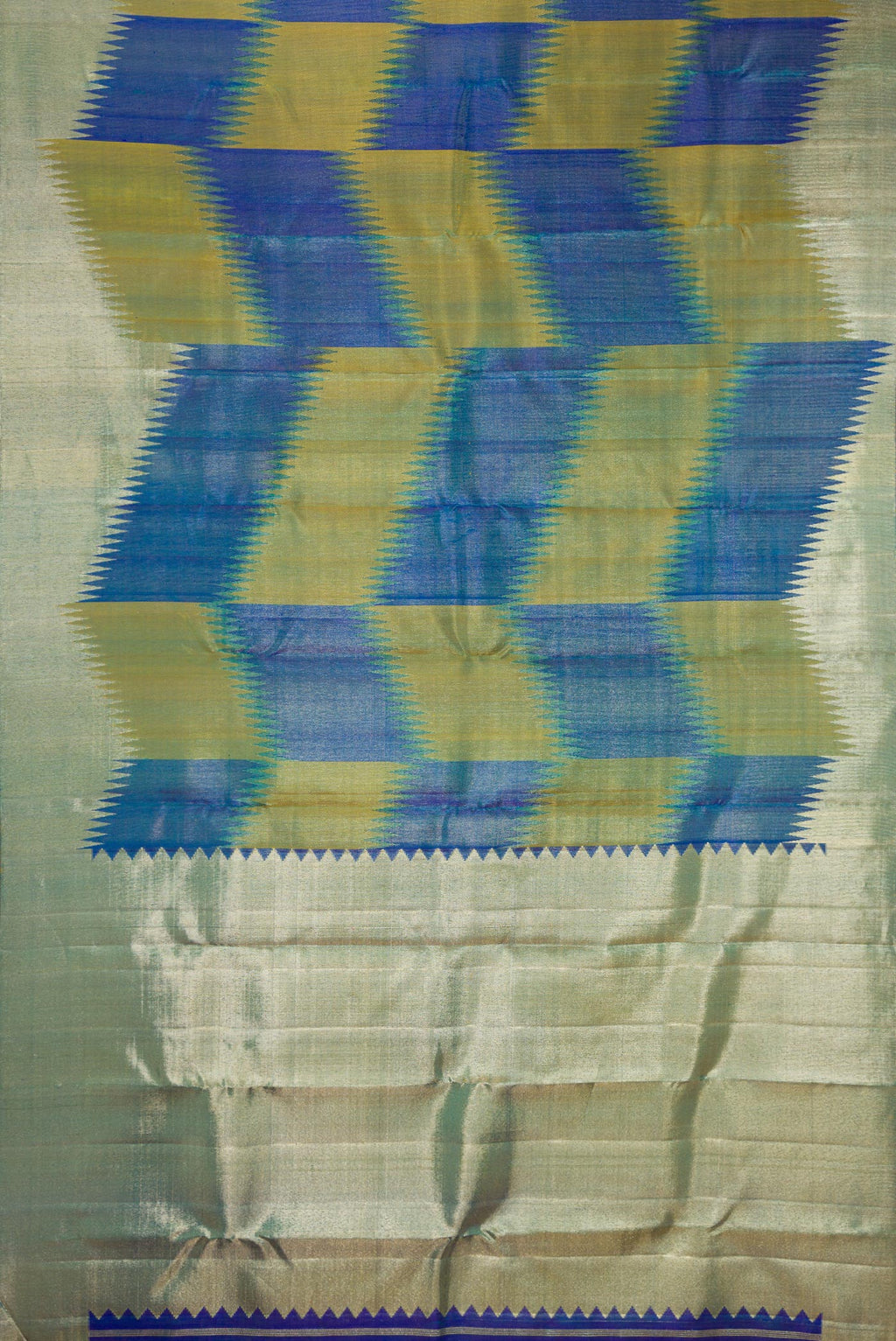 Flat view of Pure Silk Multi Color Kanjivaram Saree with Zari Brocade on the body and Fancy Border. 