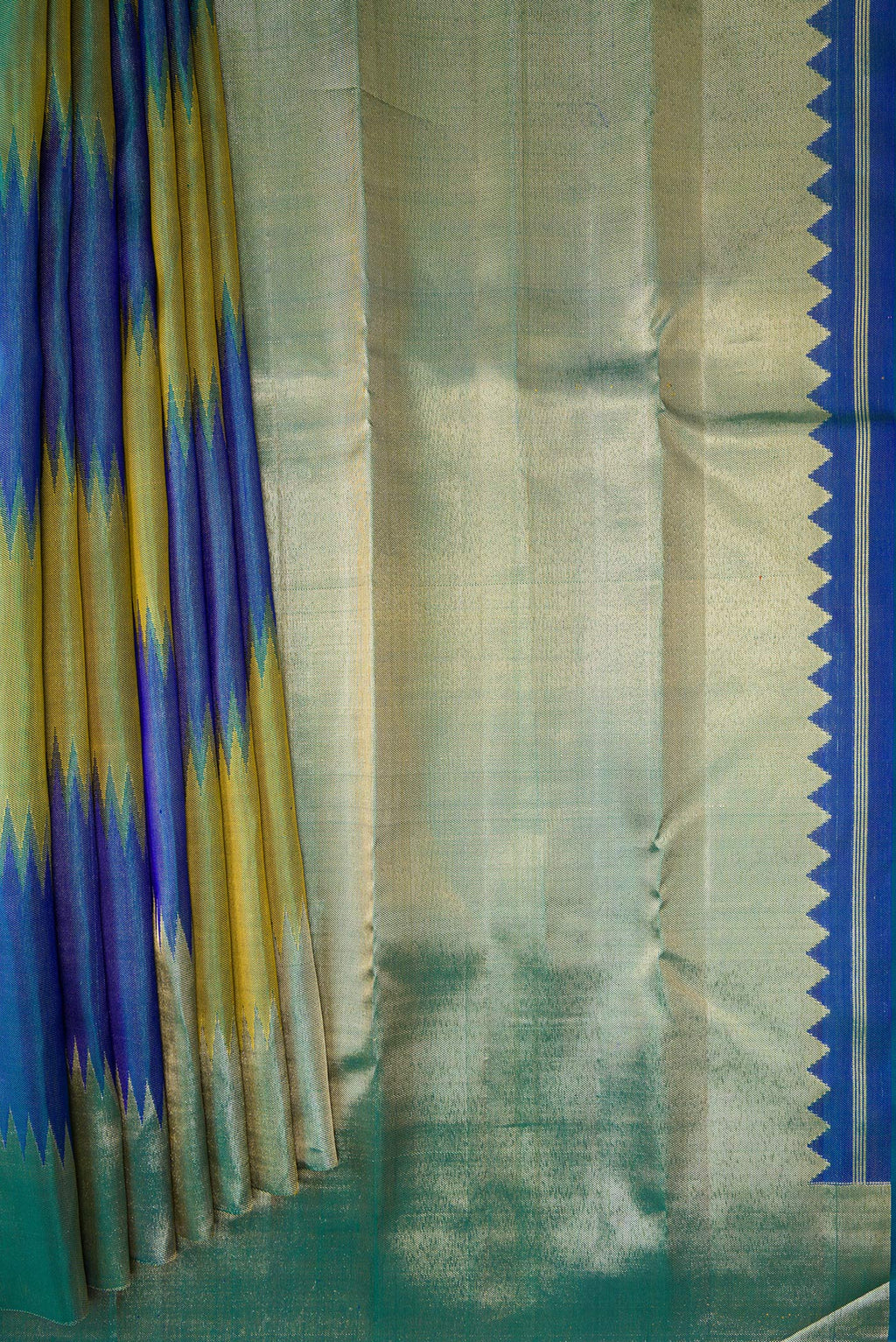 Pleats and pallu of Pure Silk Multi Color Kanjivaram Saree with Zari Brocade on the body and Fancy Border. 