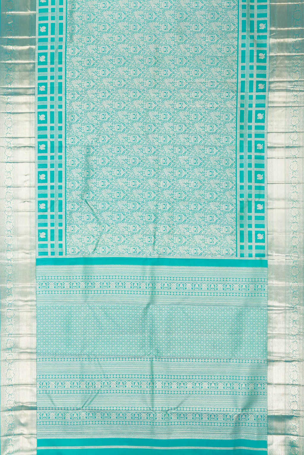 Flat view of Pure Silk Sea Green Dual Tone Kanjivaram Saree with Zari Brocade on the body and Fancy Border. 