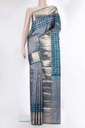 Pure Silk Peacock Blue Dual Tone Kanjivaram Saree with Zari Brocade on the body and Zari Border.  displayed on a mannequin