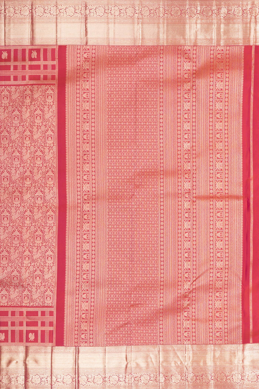 Close up image of the pallu of Pure Silk Brick Orange Dual Tone Kanjivaram Saree with Zari Brocade on the body and Fancy Border. 