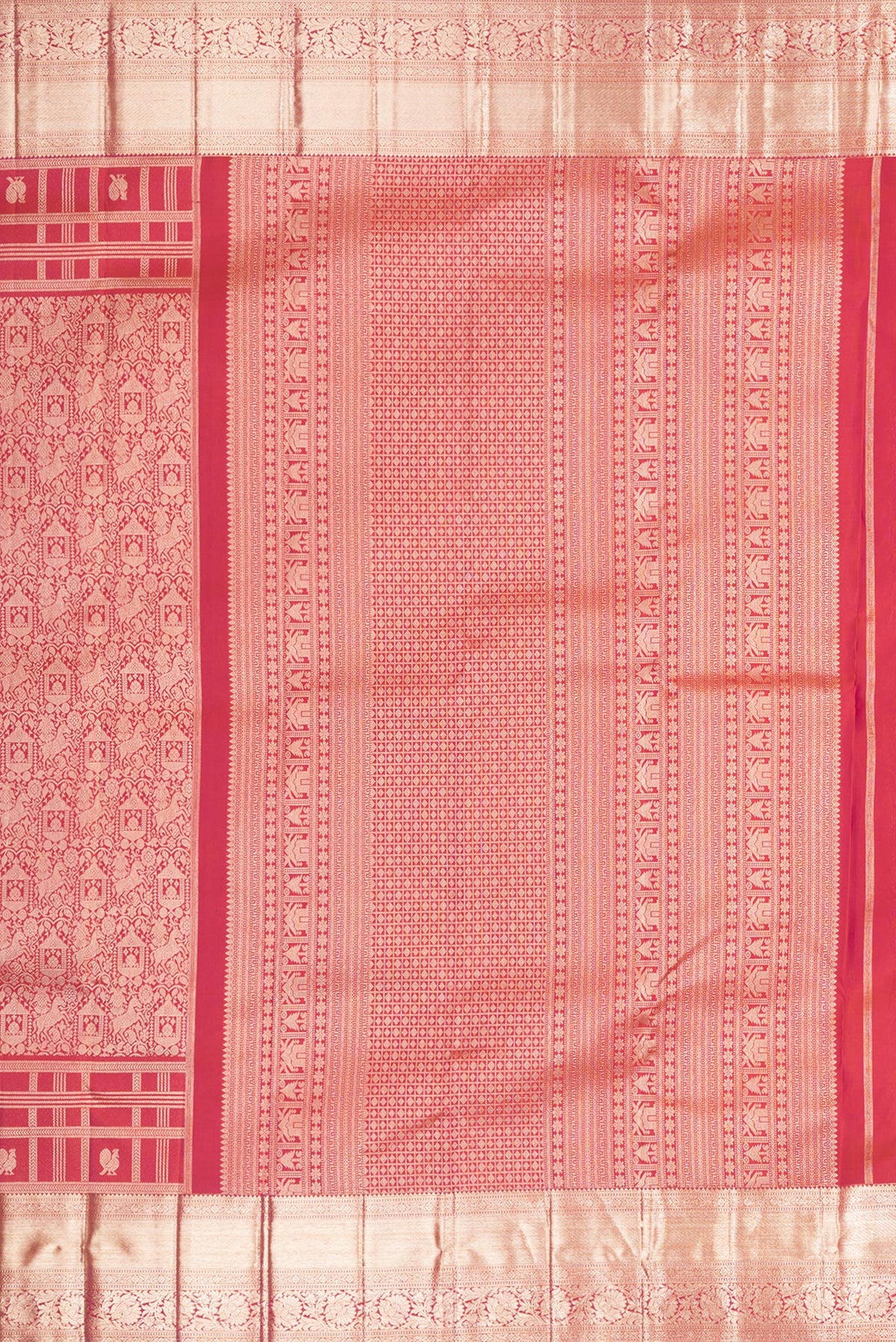 Close up image of the pallu of Pure Silk Brick Orange Dual Tone Kanjivaram Saree with Zari Brocade on the body and Fancy Border. 