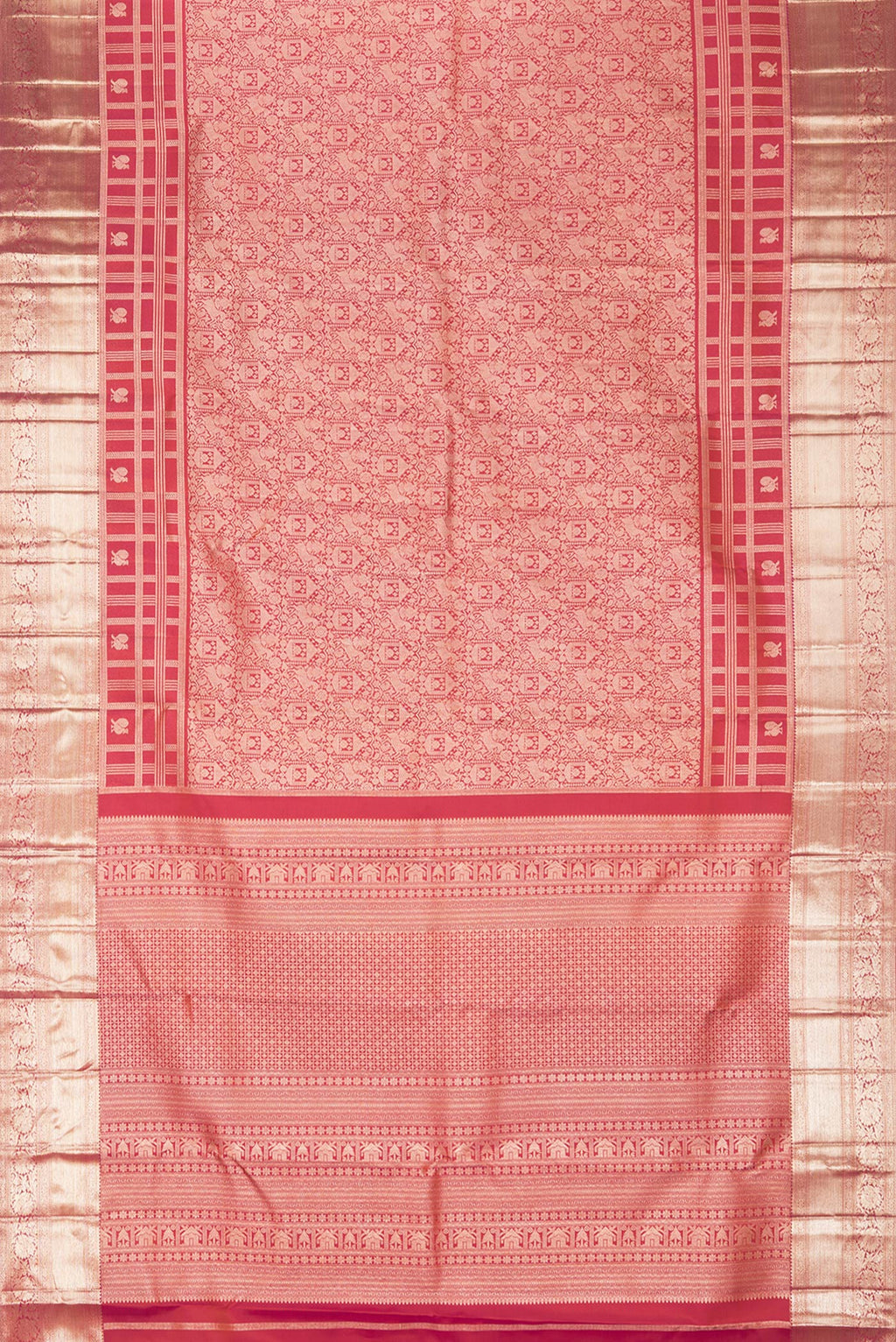 Flat view of Pure Silk Brick Orange Dual Tone Kanjivaram Saree with Zari Brocade on the body and Fancy Border. 