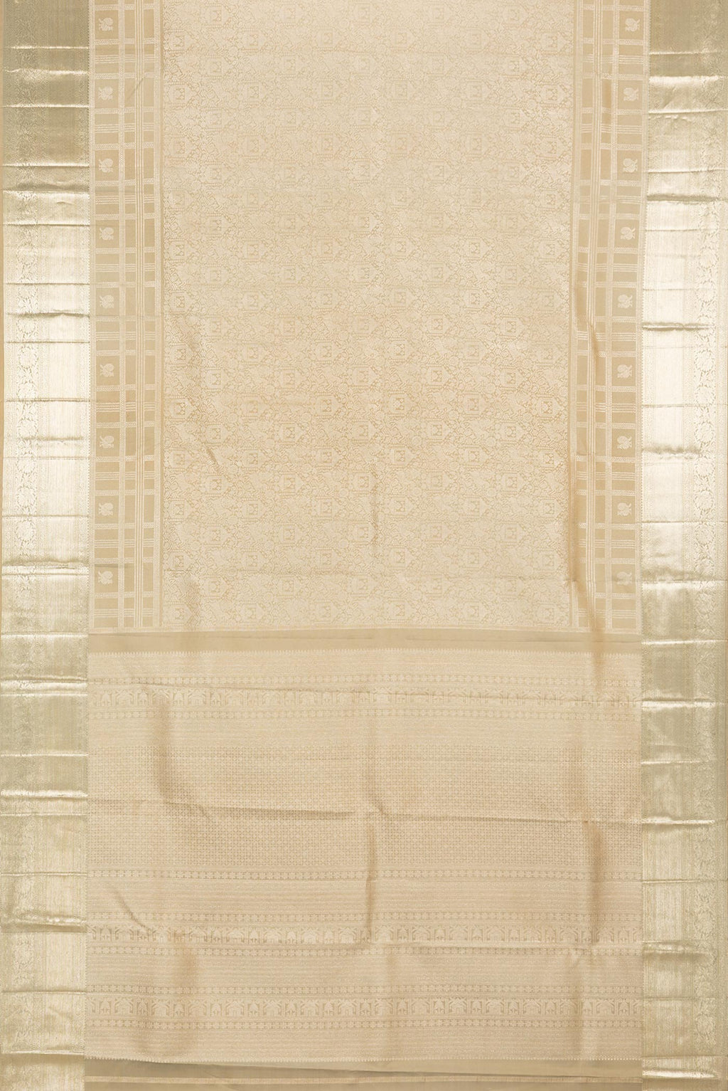 Flat view of Pure Silk Beige Kanjivaram Saree with Zari Brocade on the body and Fancy Border. 