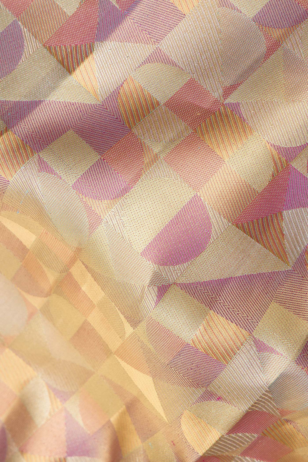 Close up of Pure Silk Multi Color Kanjivaram Saree with Zari Brocade on the body and Zari Border.  displaying folds