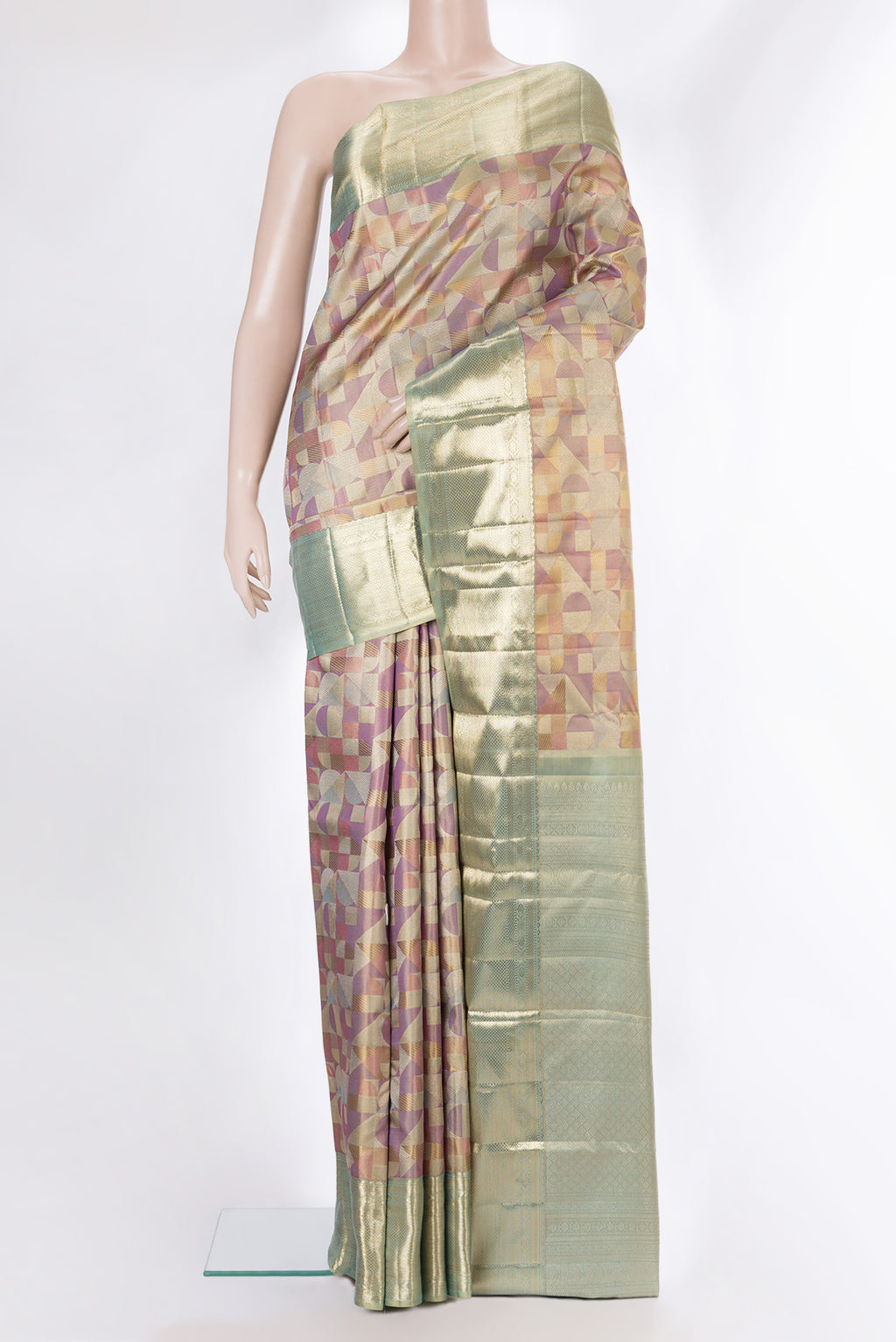 Pure Silk Multi Color Kanjivaram Saree with Zari Brocade on the body and Zari Border.  displayed on a mannequin