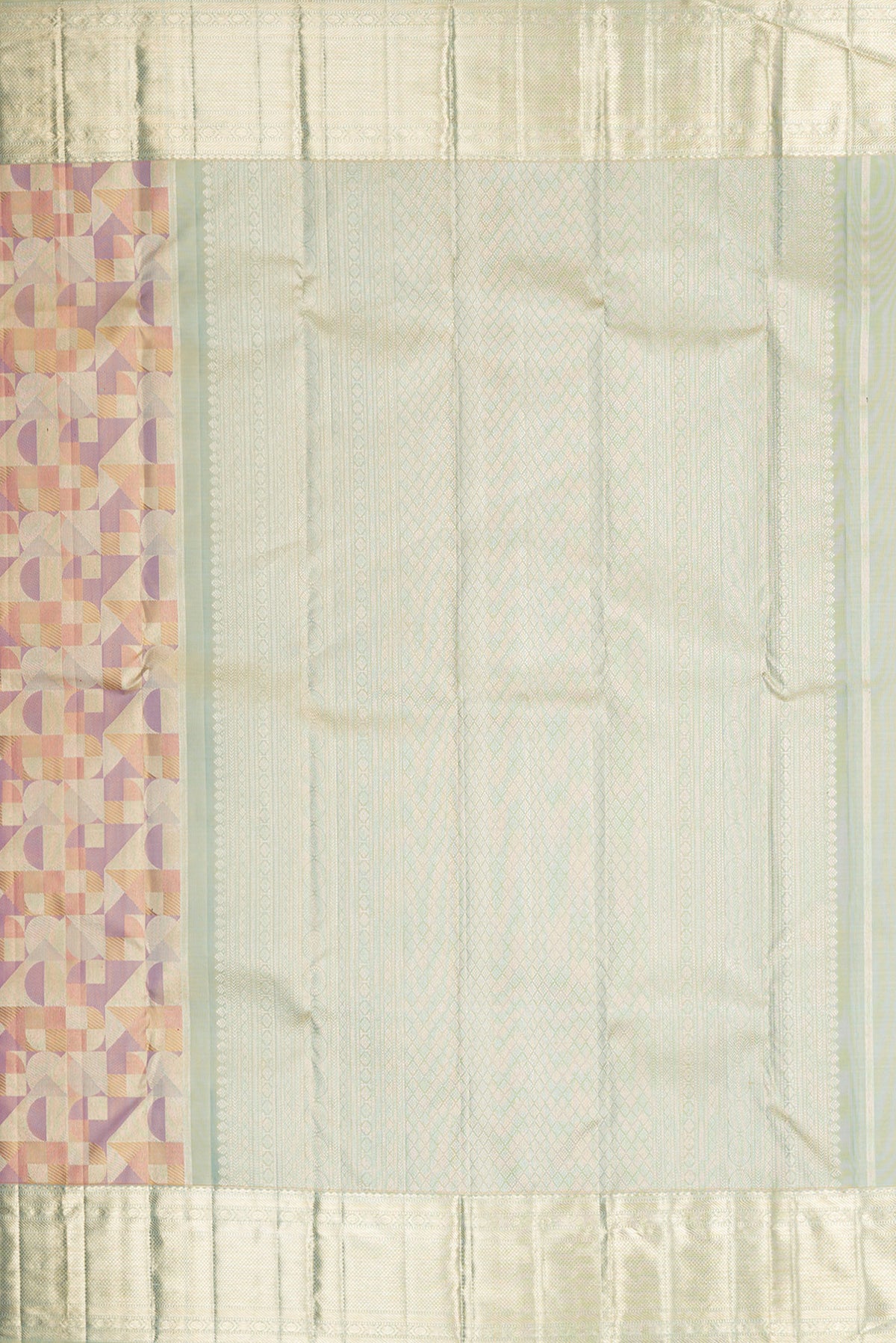 Close up image of the pallu of Pure Silk Multi Color Kanjivaram Saree with Zari Brocade on the body and Zari Border. 