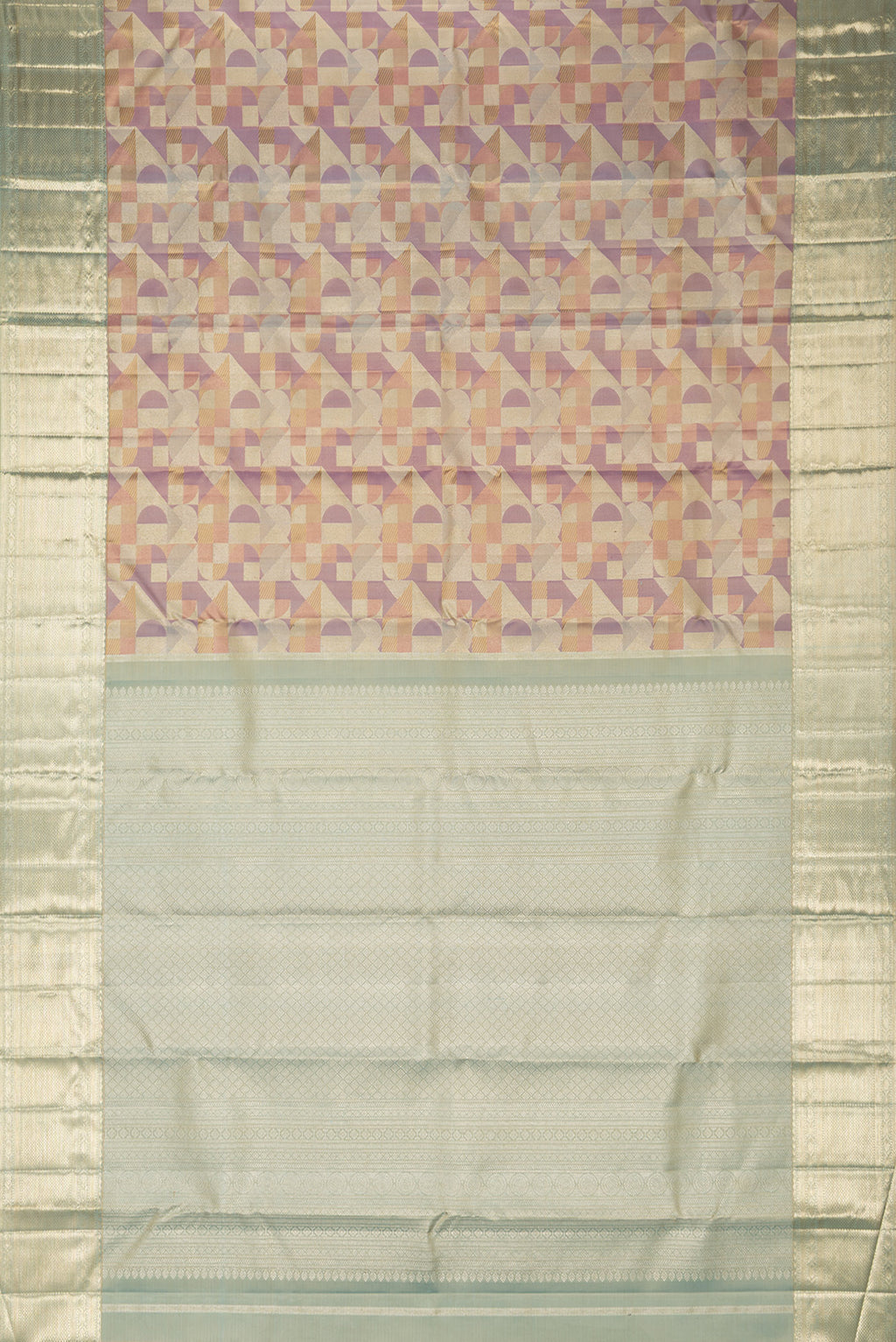 Flat view of Pure Silk Multi Color Kanjivaram Saree with Zari Brocade on the body and Zari Border. 