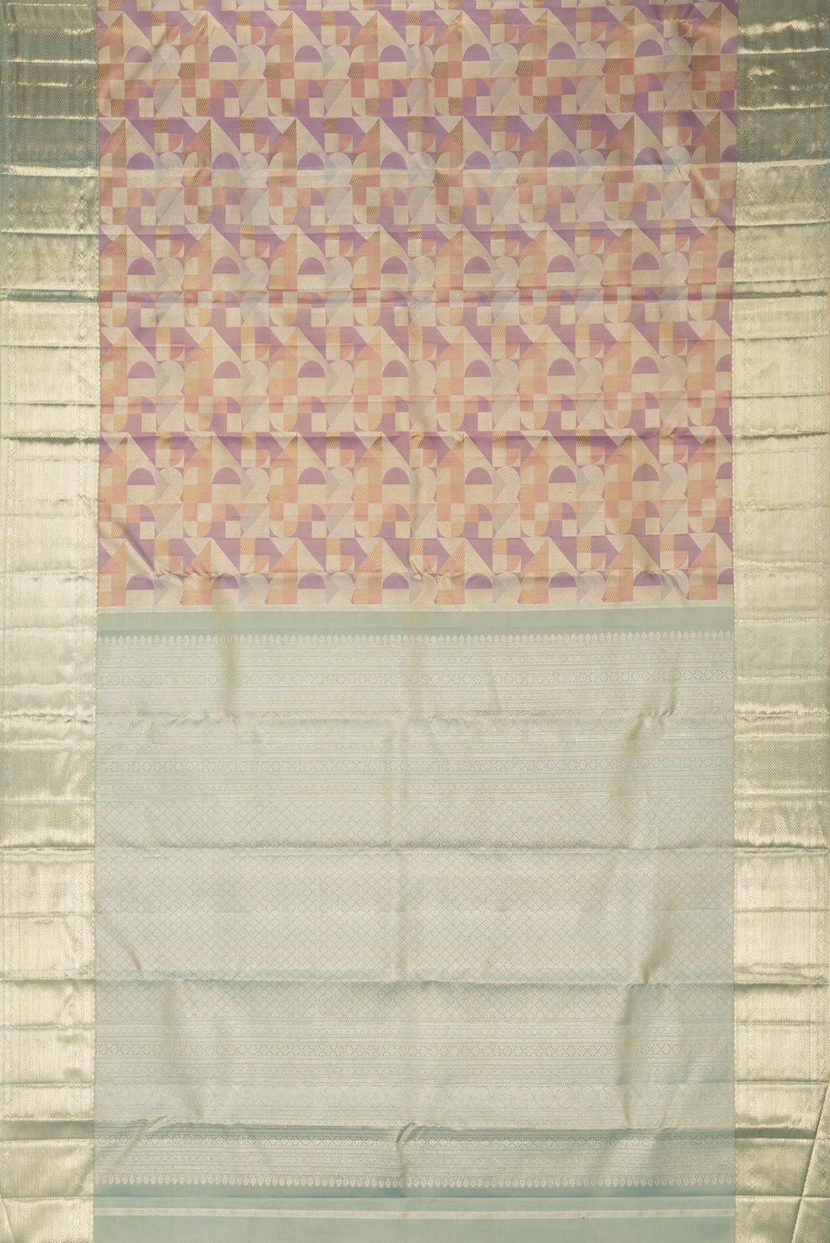 Flat view of Pure Silk Multi Color Kanjivaram Saree with Zari Brocade on the body and Zari Border. 