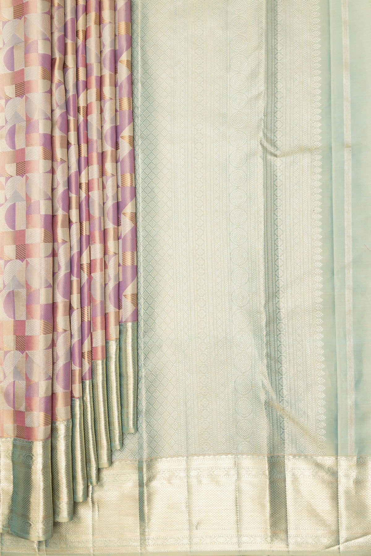 Pleats and pallu of Pure Silk Multi Color Kanjivaram Saree with Zari Brocade on the body and Zari Border. 