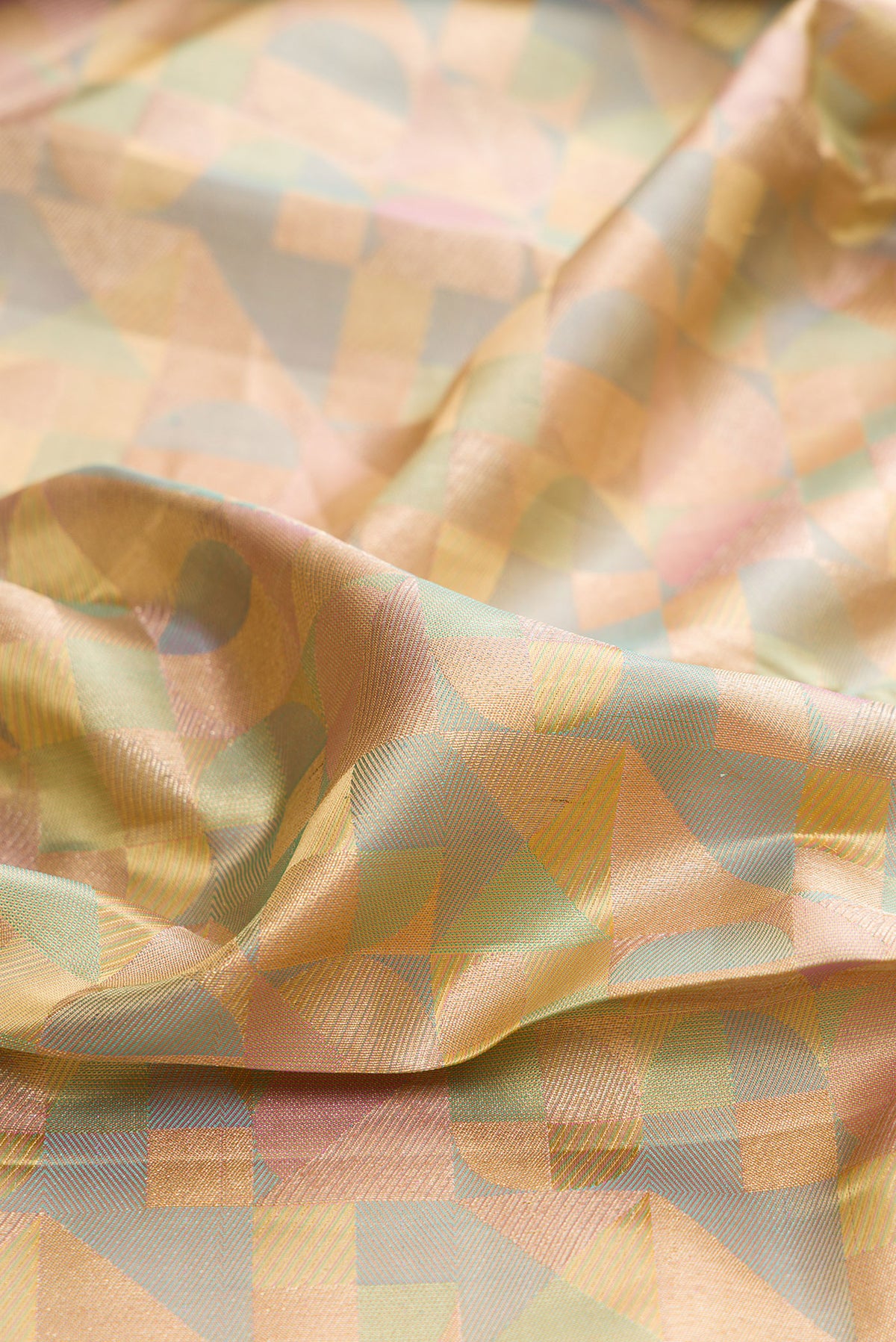 Close up of Pure Silk Multi Color Kanjivaram Saree with Zari Brocade on the body and Zari Border.  displaying folds