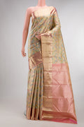 Pure Silk Multi Color Kanjivaram Saree with Zari Brocade on the body and Zari Border.  displayed on a mannequin