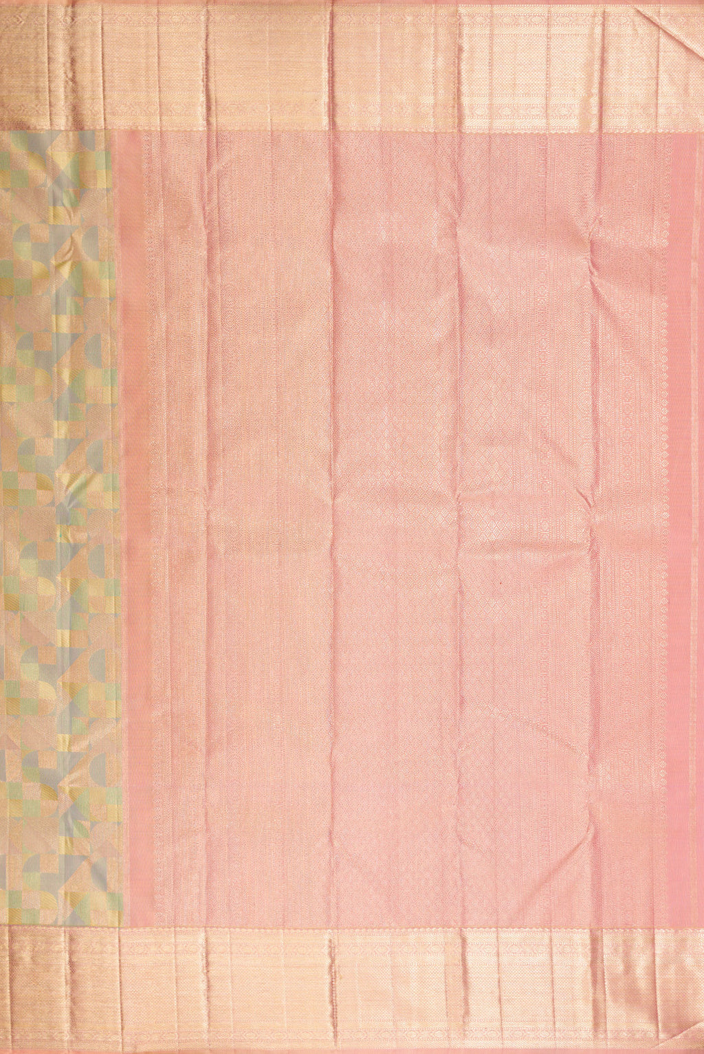 Close up image of the pallu of Pure Silk Multi Color Kanjivaram Saree with Zari Brocade on the body and Zari Border. 
