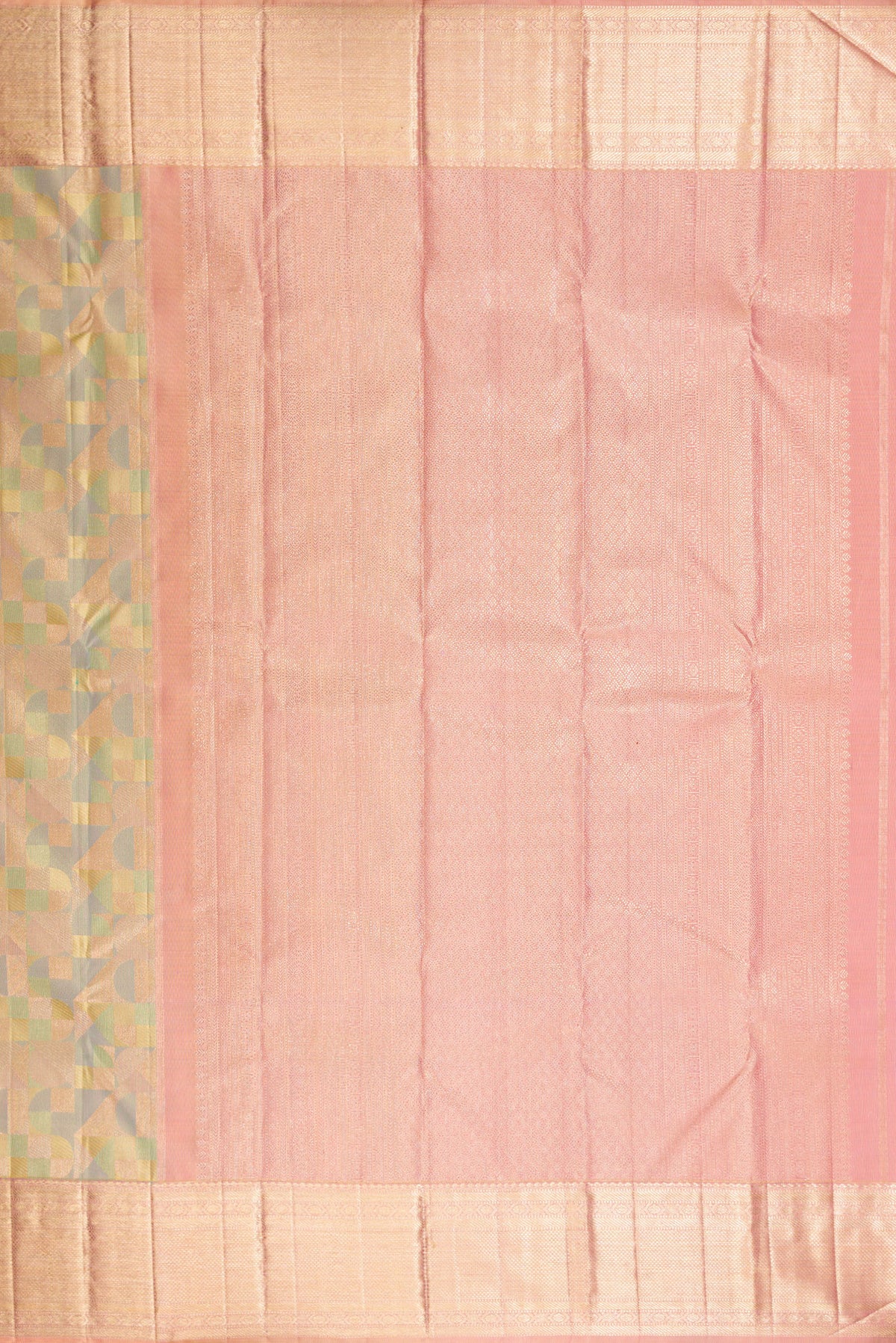 Close up image of the pallu of Pure Silk Multi Color Kanjivaram Saree with Zari Brocade on the body and Zari Border. 