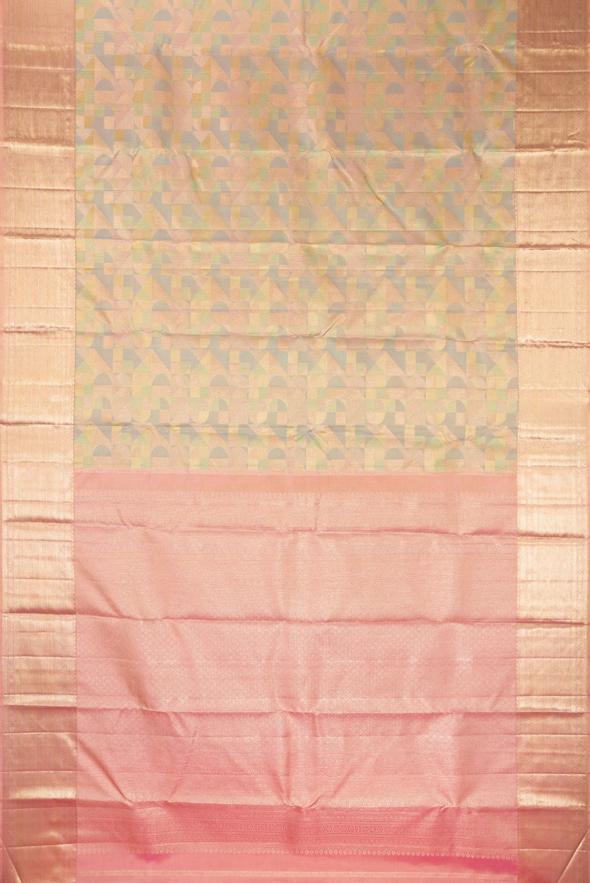 Flat view of Pure Silk Multi Color Kanjivaram Saree with Zari Brocade on the body and Zari Border. 