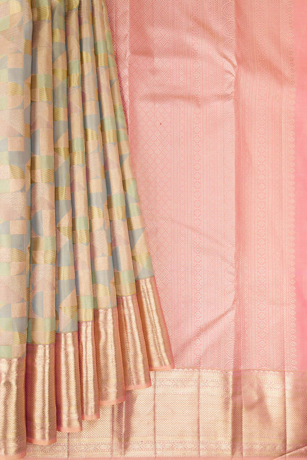 Pleats and pallu of Pure Silk Multi Color Kanjivaram Saree with Zari Brocade on the body and Zari Border. 
