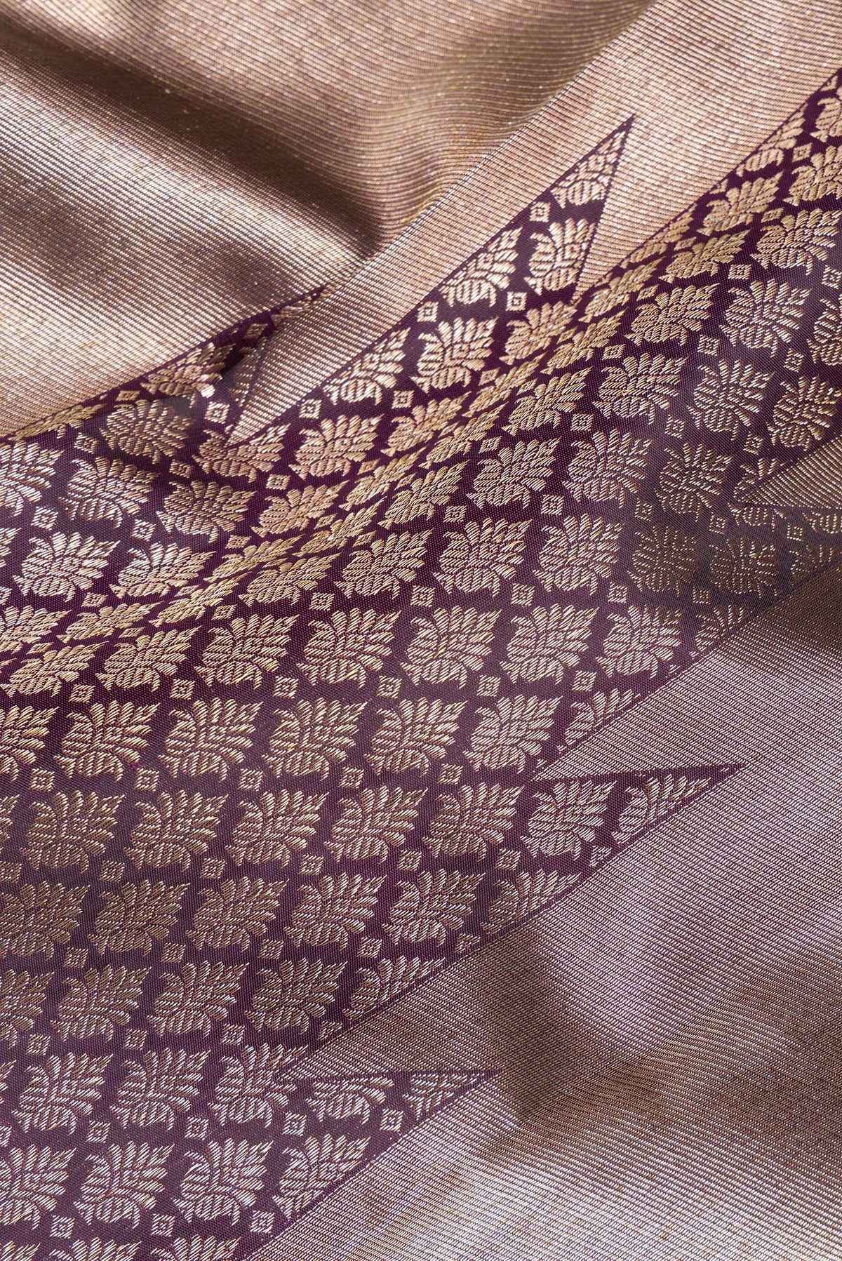 Close up of Pure Silk Coffee Brown Dual Tone Kanchipuram Saree with Zari Brocade on the body and Zari Border.  displaying folds