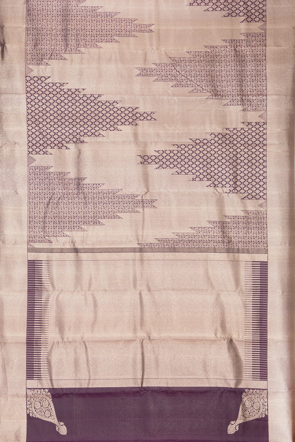 Flat view of Pure Silk Coffee Brown Dual Tone Kanchipuram Saree with Zari Brocade on the body and Zari Border. 