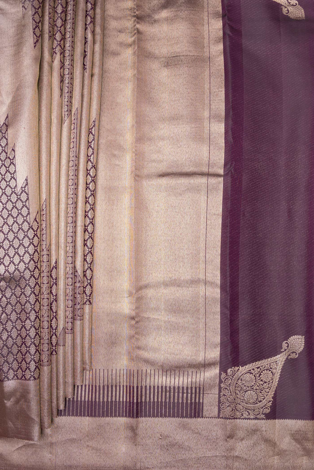 Pleats and pallu of Pure Silk Coffee Brown Dual Tone Kanchipuram Saree with Zari Brocade on the body and Zari Border. 