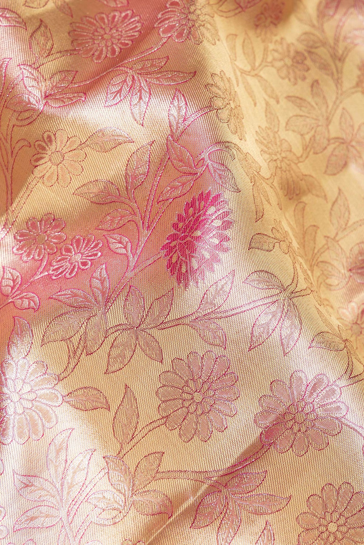 Close up of Pure Silk Gold Dual Tone Kanchipuram Tissue Saree with Zari Brocade on the body and Fancy Border.  displaying folds
