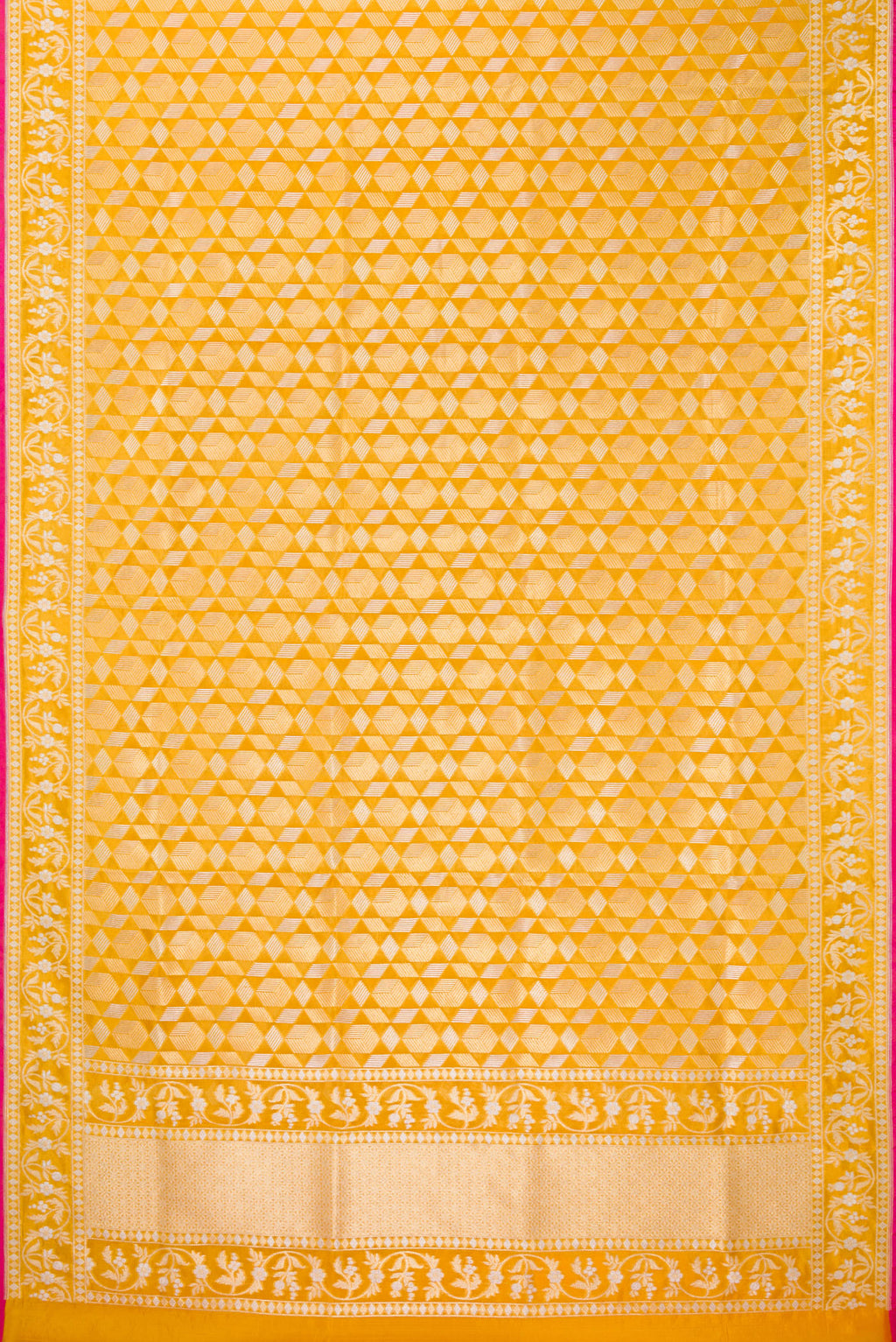 Flat view of Pure Silk Yellow Banarasi Saree with Zari Brocade on the body and Zari Border. 