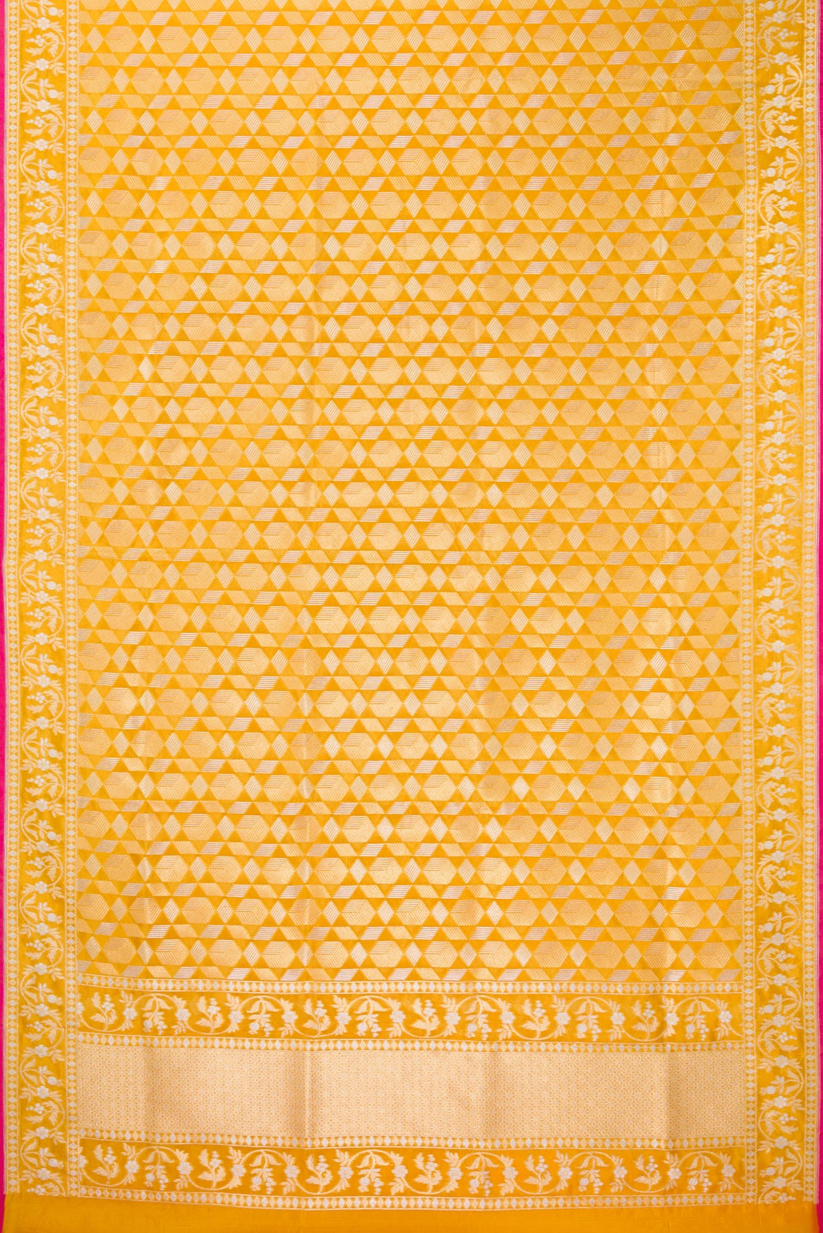 Flat view of Pure Silk Yellow Banarasi Saree with Zari Brocade on the body and Zari Border. 