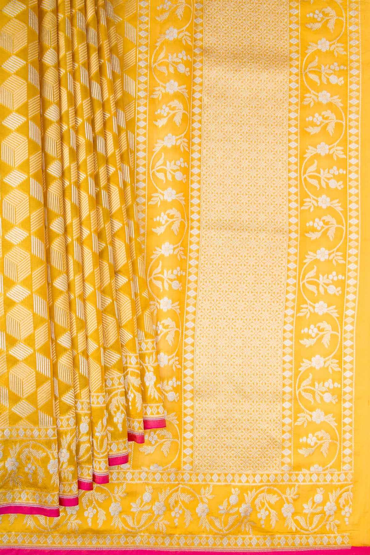 Pleats and pallu of Pure Silk Yellow Banarasi Saree with Zari Brocade on the body and Zari Border. 