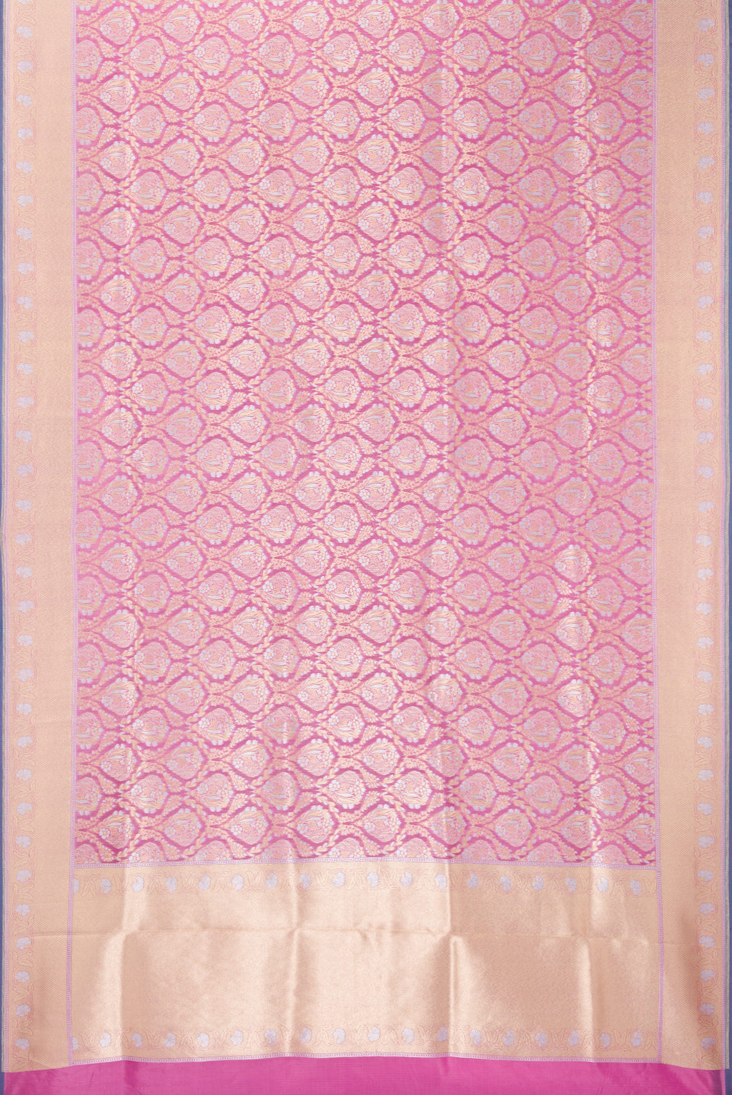 Flat view of Pure Silk Pink Banarasi Saree with Zari Brocade on the body and Zari Border. 