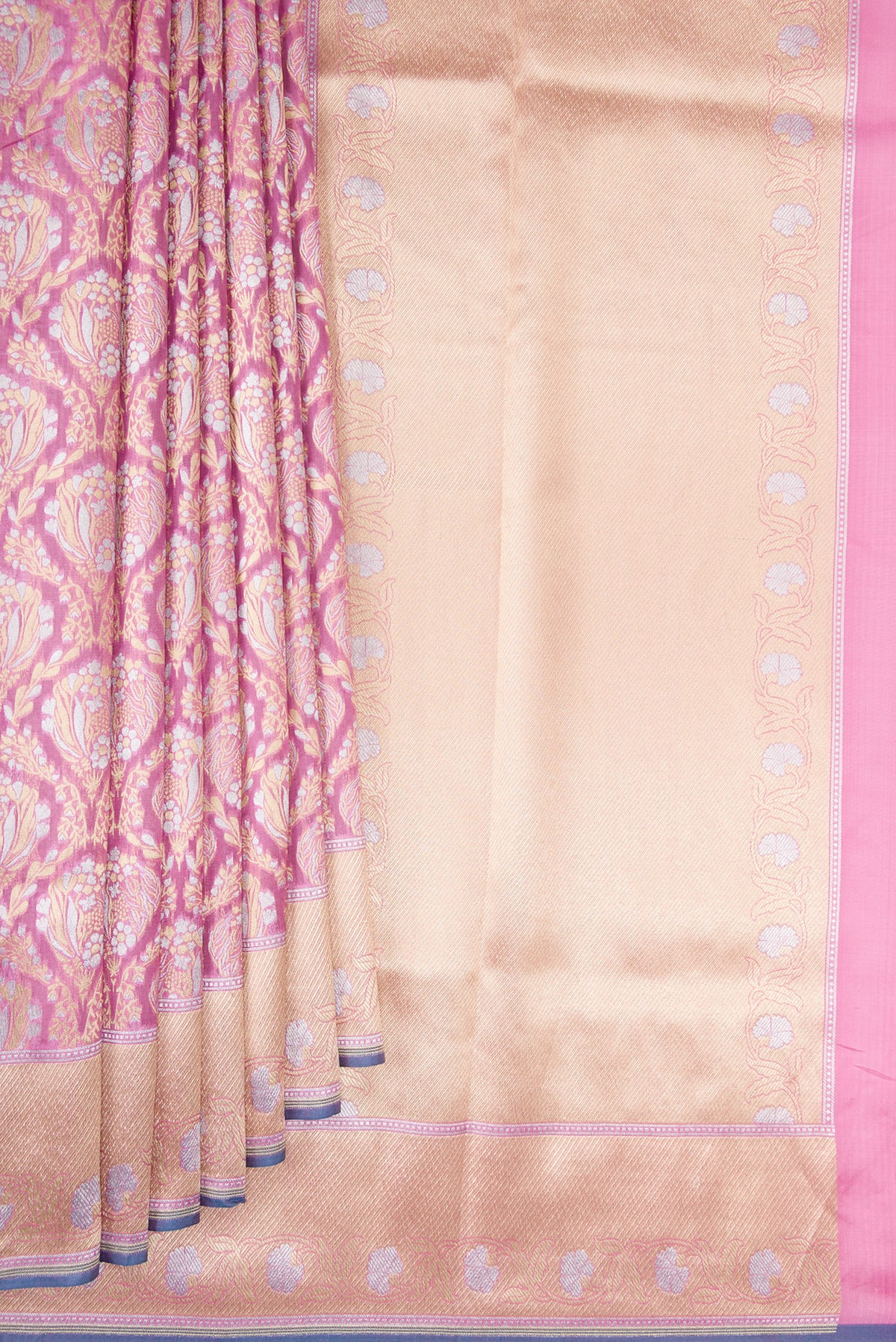 Pleats and pallu of Pure Silk Pink Banarasi Saree with Zari Brocade on the body and Zari Border. 