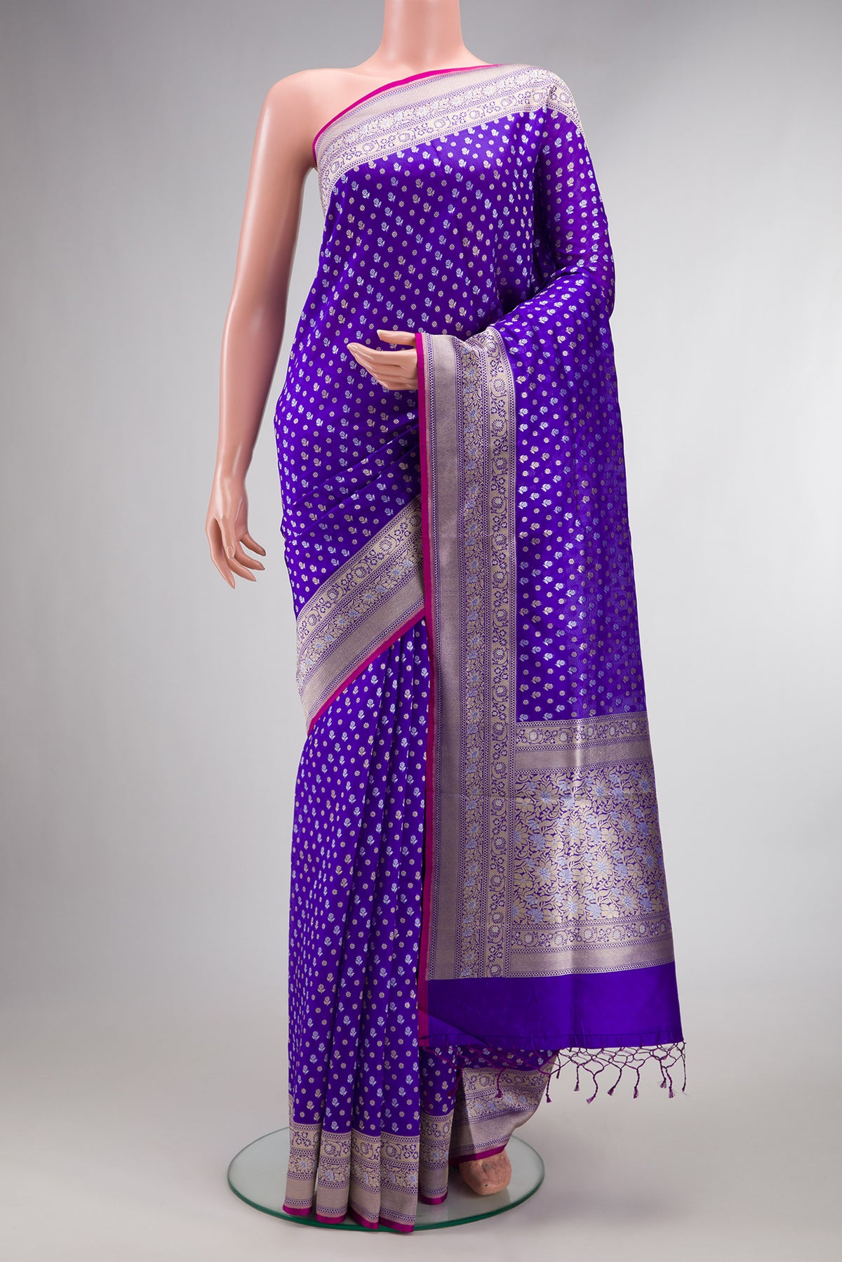 Pure Silk Royal Blue Dual Tone Banarasi Saree with Zari Brocade on the body and Zari Border.  displayed on a mannequin