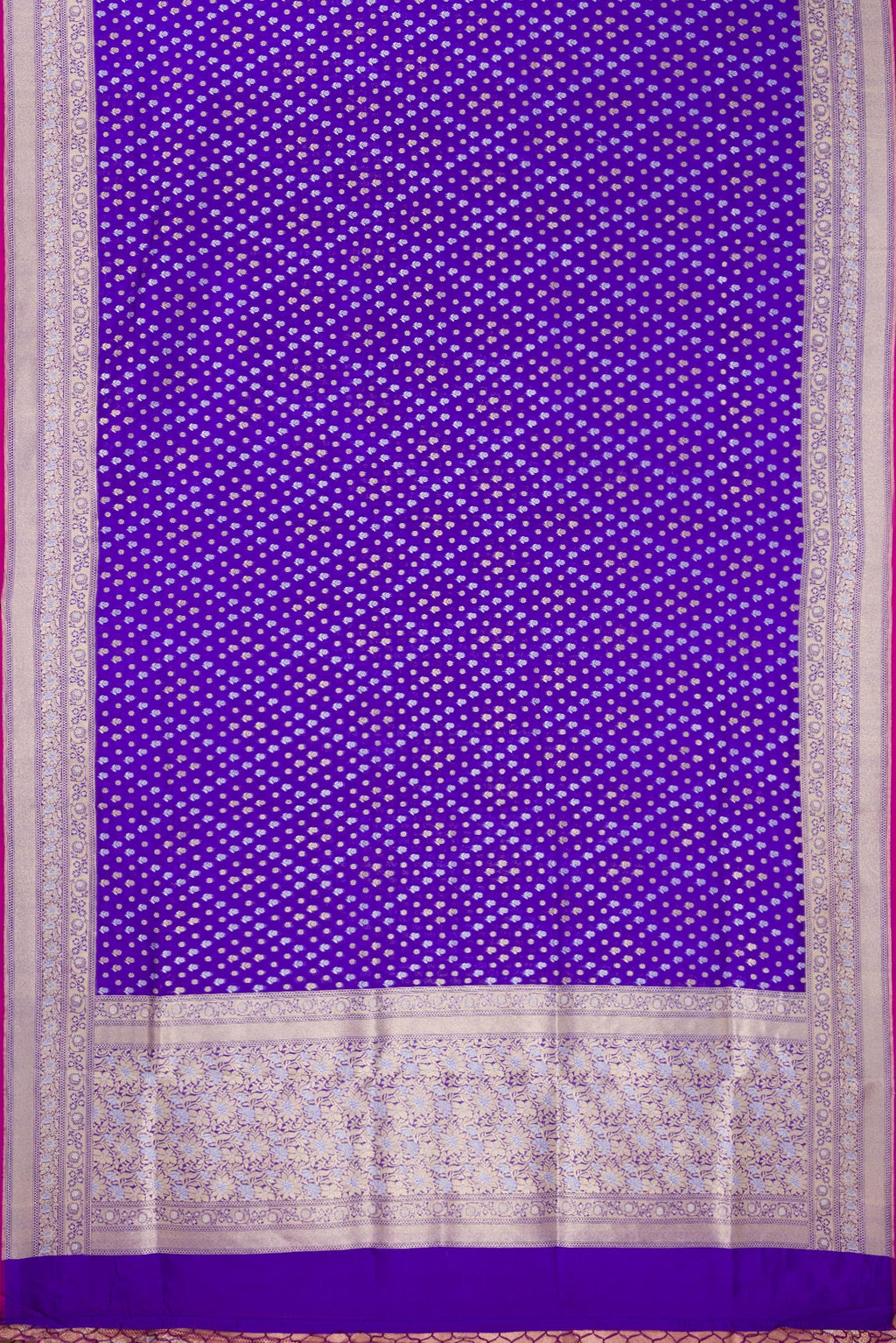 Flat view of Pure Silk Royal Blue Dual Tone Banarasi Saree with Zari Brocade on the body and Zari Border. 