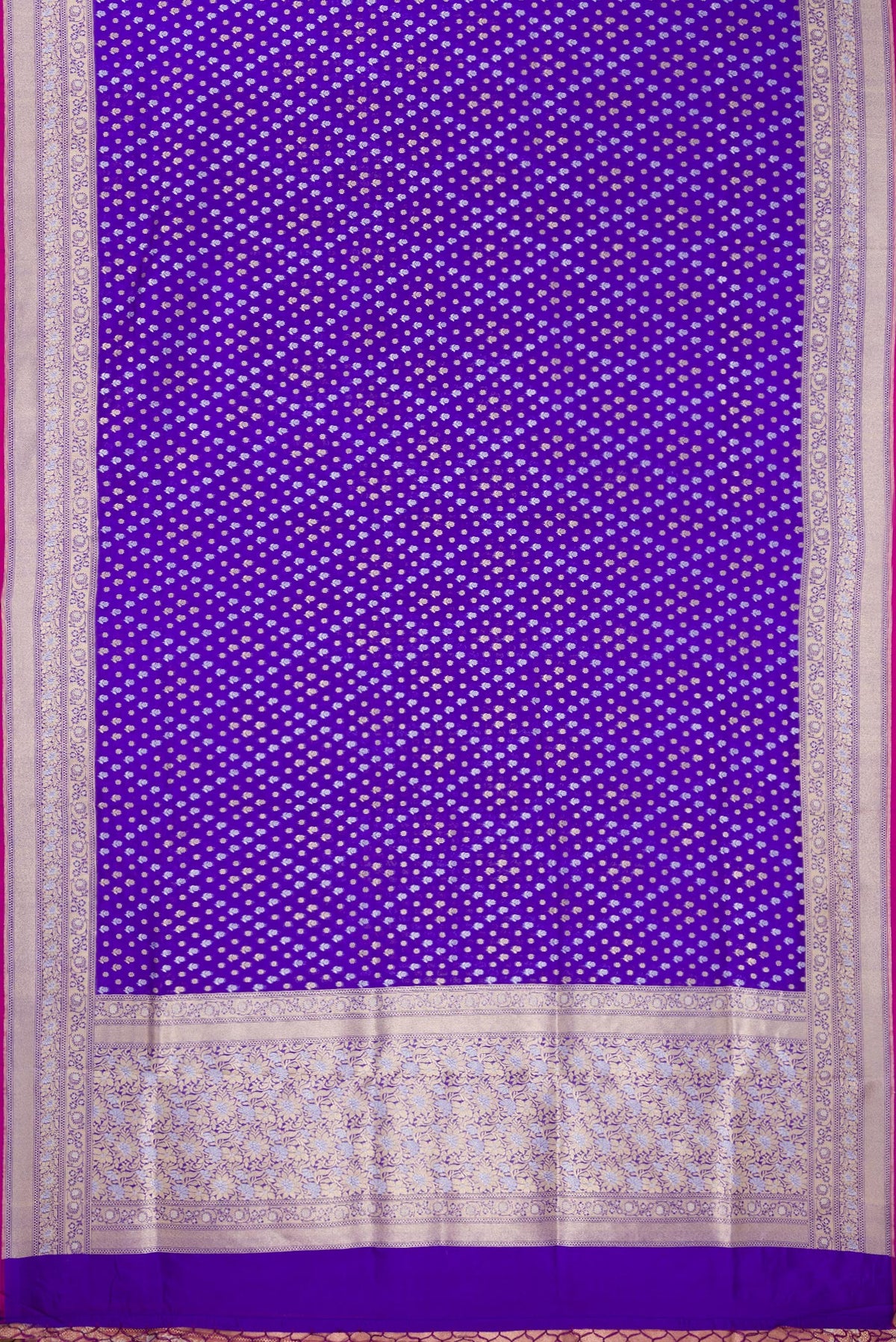Flat view of Pure Silk Royal Blue Dual Tone Banarasi Saree with Zari Brocade on the body and Zari Border. 