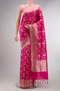 Pure Silk Pink Banarasi Saree with Zari Brocade on the body and Zari Border.  displayed on a mannequin
