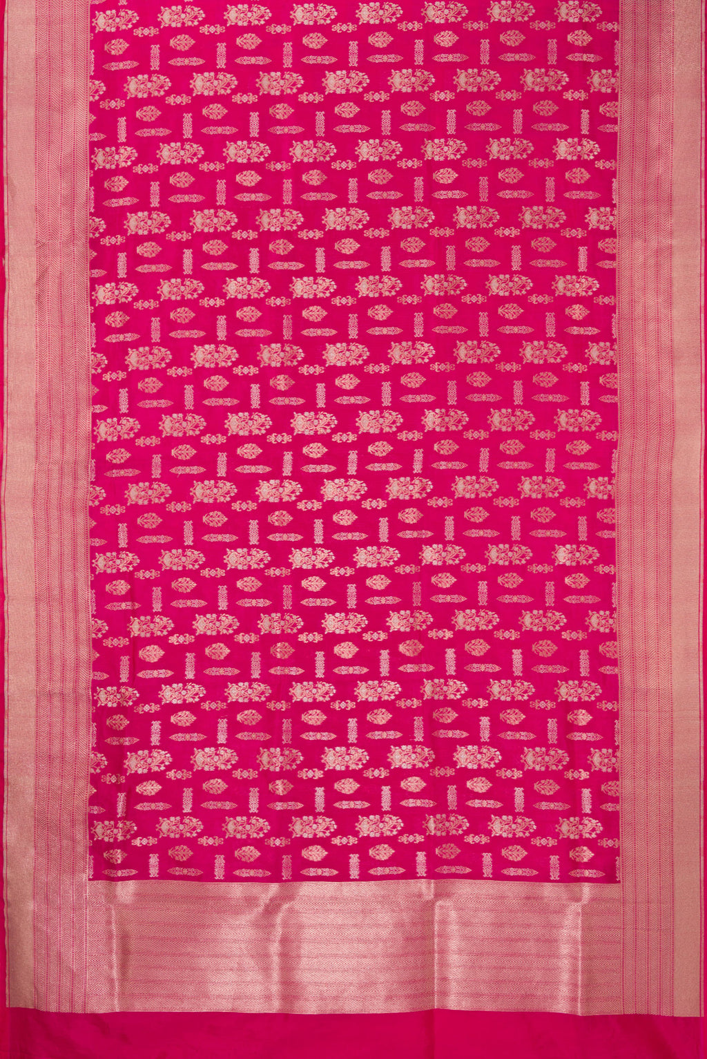 Flat view of Pure Silk Pink Banarasi Saree with Zari Brocade on the body and Zari Border. 