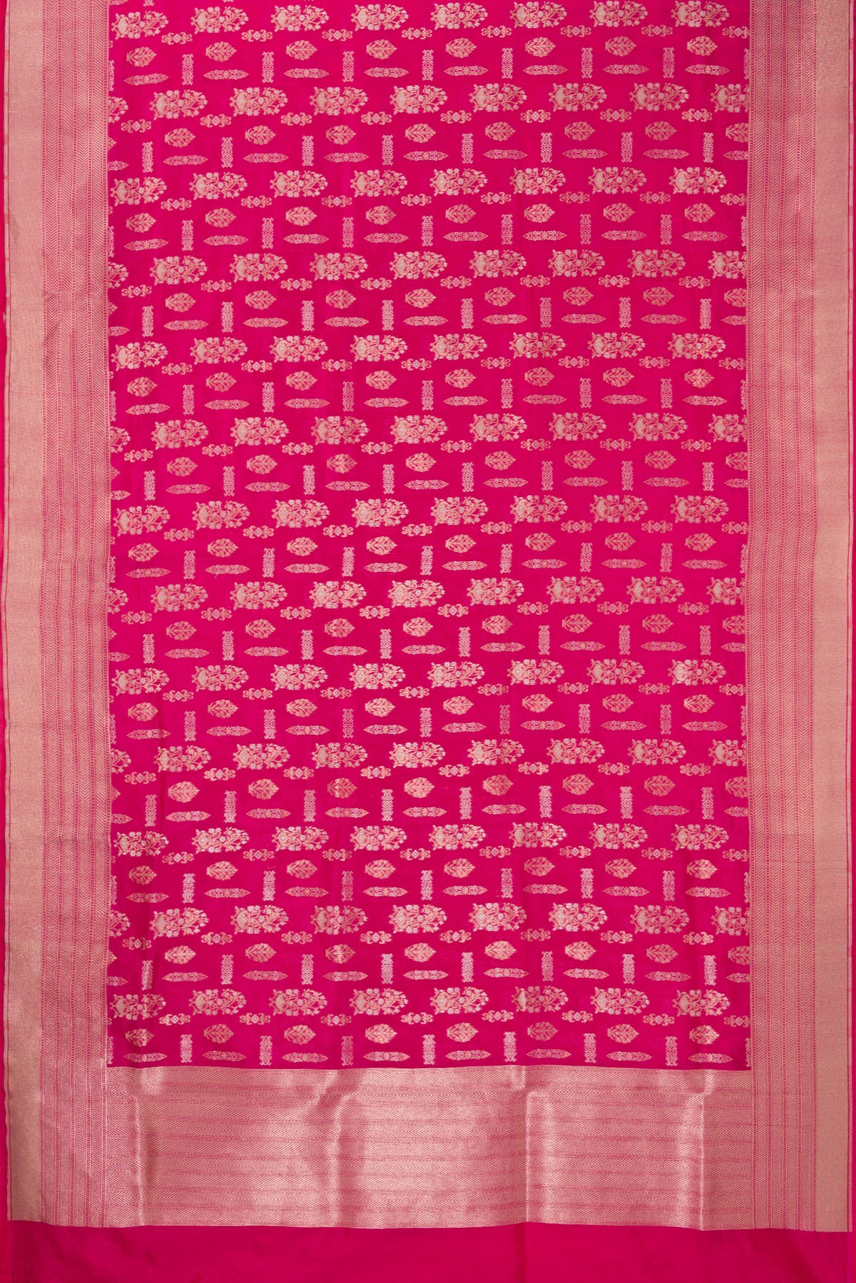 Flat view of Pure Silk Pink Banarasi Saree with Zari Brocade on the body and Zari Border. 