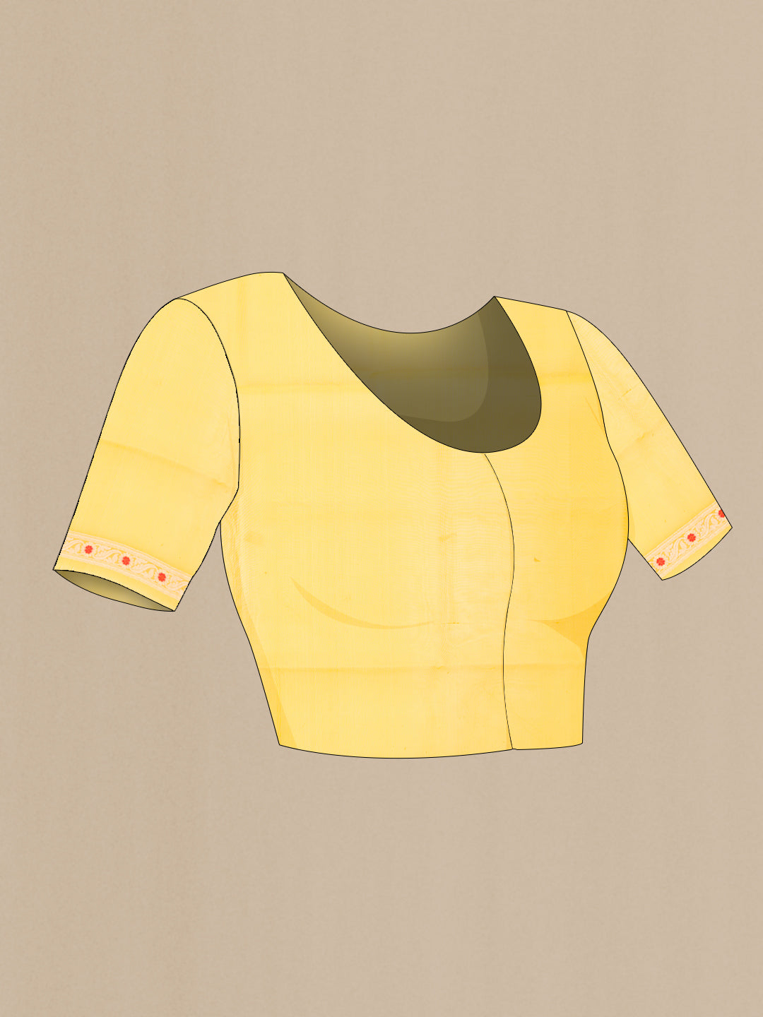 Close up image of the blouse of Pure Silk Yellow Dual Tone Organza Saree with Zari Butta on the body and Zari Border. 