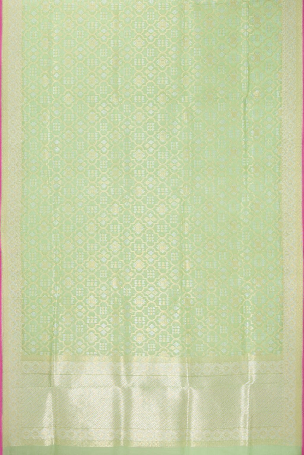 Flat view of Pista Green Dual Tone Organza Saree with Zari Brocade on the body and Zari Border. 