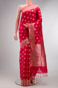 Pure Silk Red Dual Tone Banarasi Saree with Zari Butta on the body and Zari Border.  displayed on a mannequin