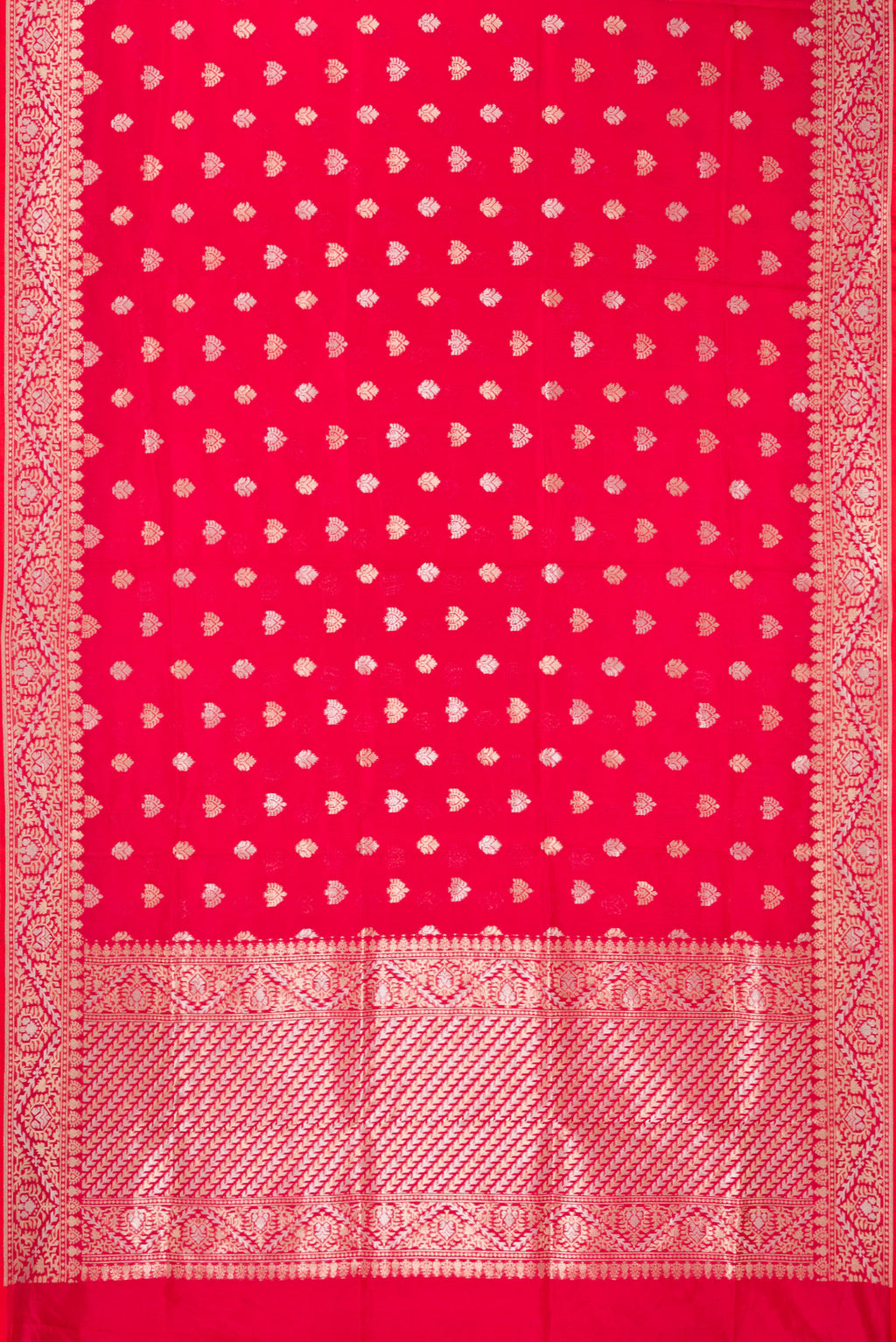 Flat view of Pure Silk Red Dual Tone Banarasi Saree with Zari Butta on the body and Zari Border. 