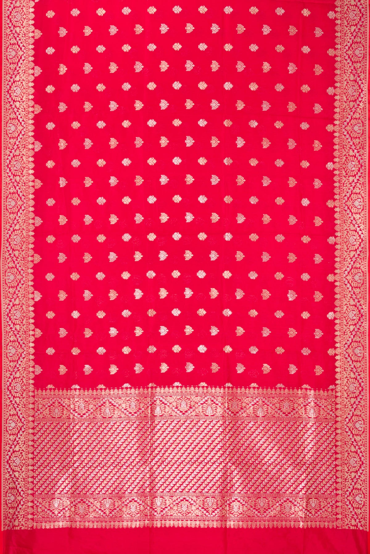 Flat view of Pure Silk Red Dual Tone Banarasi Saree with Zari Butta on the body and Zari Border. 