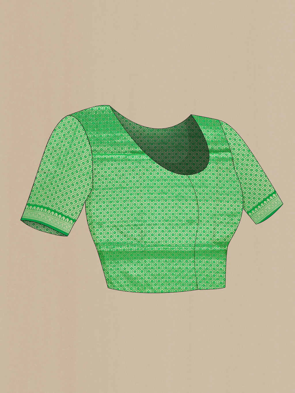 Close up image of the blouse of Green Organza Saree with Zari Butta on the body and Zari Border. 