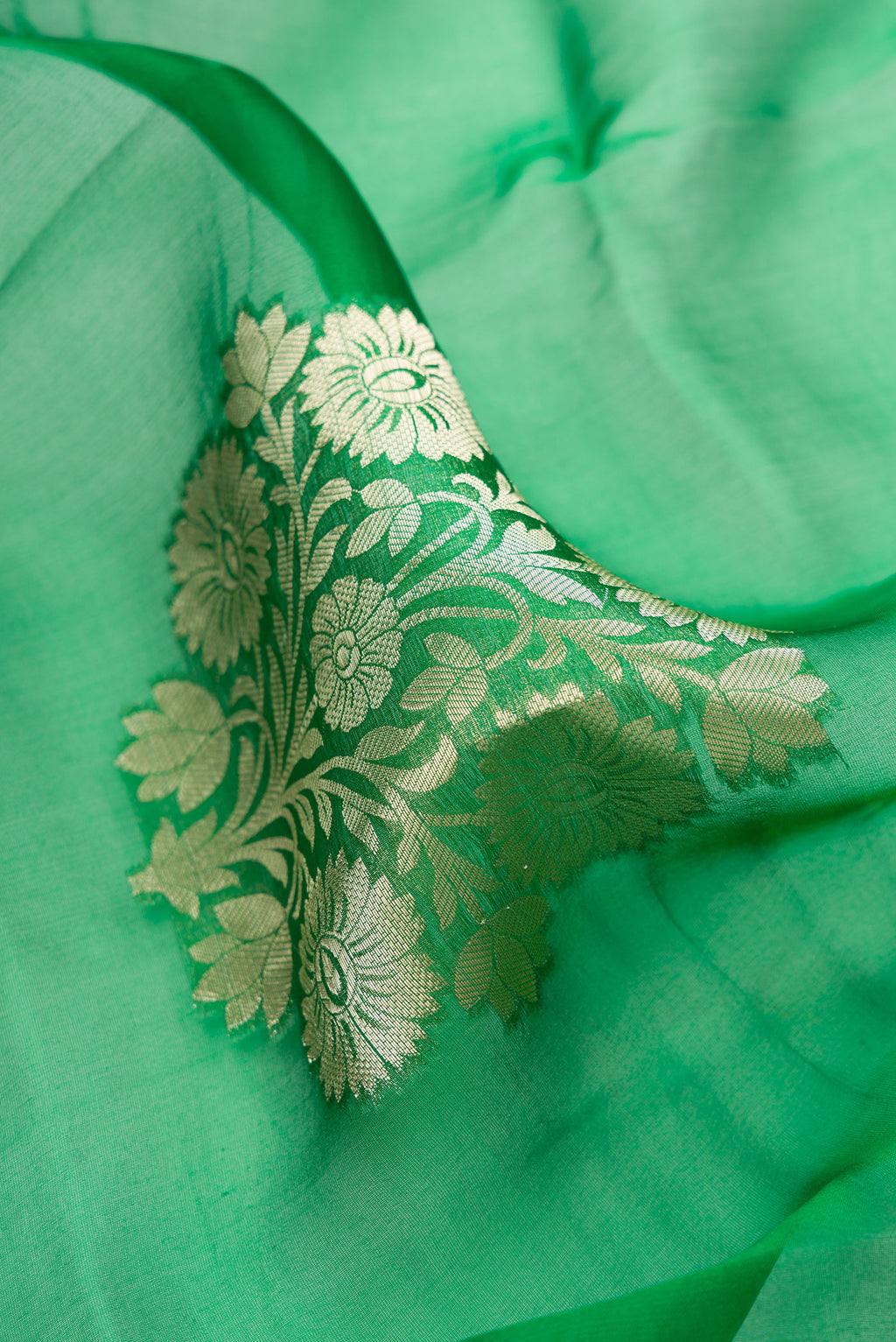 Close up of Green Organza Saree with Zari Butta on the body and Zari Border.  displaying folds