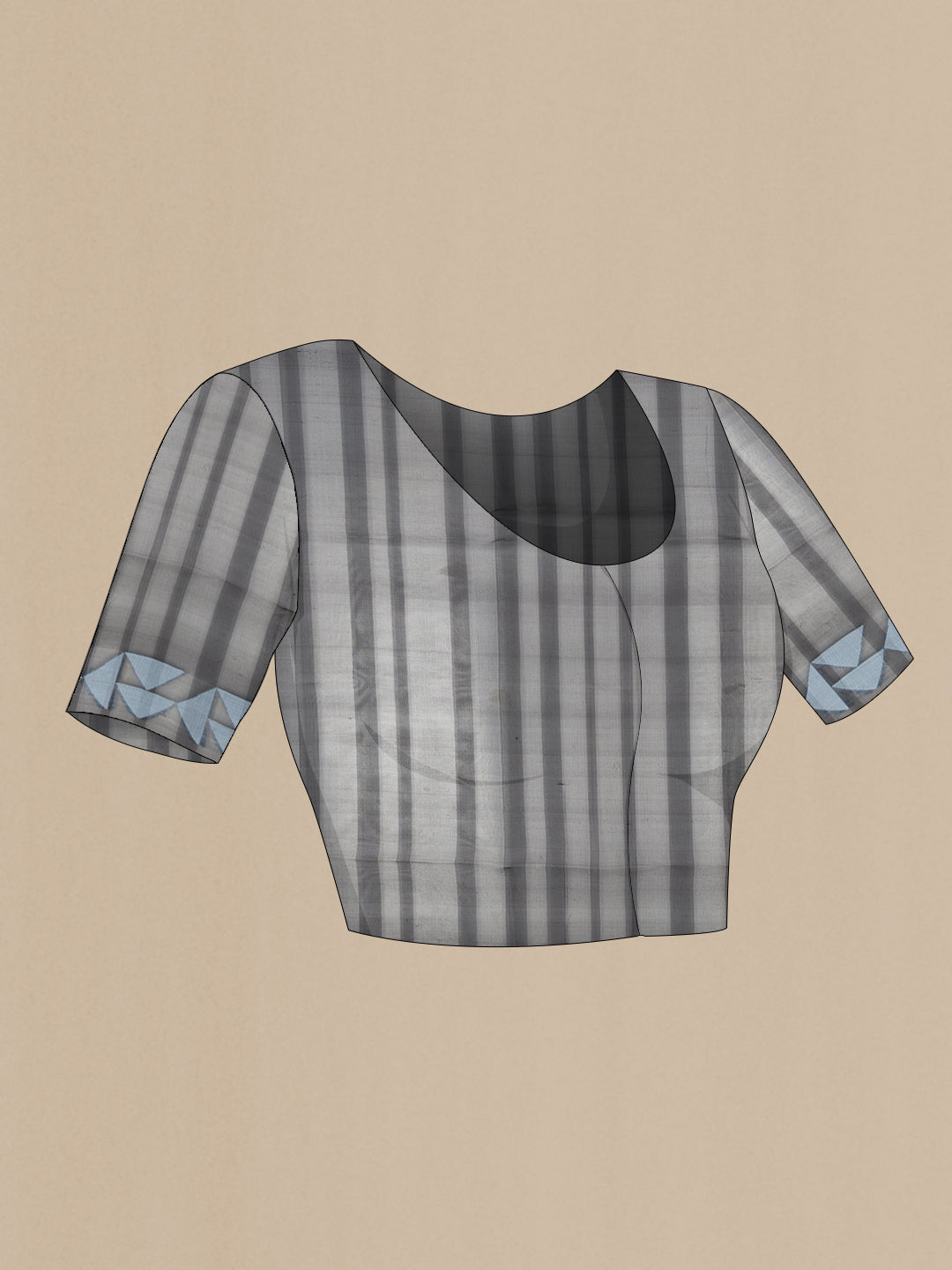 Close up image of the blouse of Black Organza Saree with Stripes on the body and Fancy Border. 