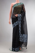 Black Organza Saree with Stripes on the body and Fancy Border.  displayed on a mannequin