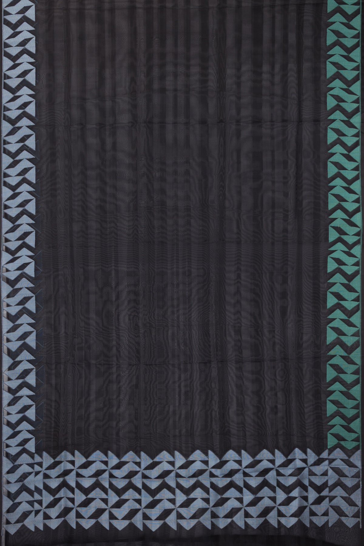 Flat view of Black Organza Saree with Stripes on the body and Fancy Border. 