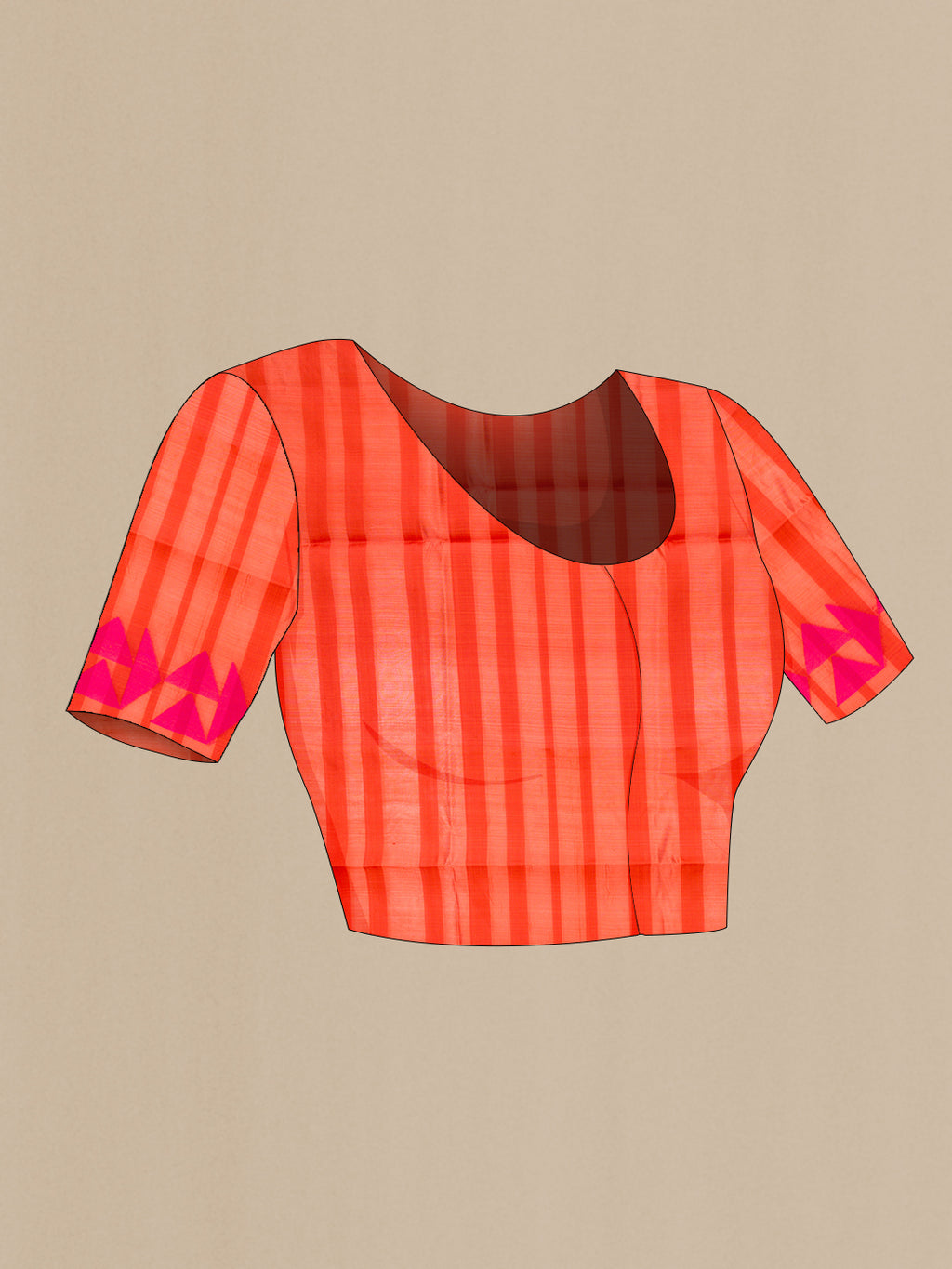 Close up image of the blouse of Orange Tussar Saree with Stripes on the body and Fancy Border. 