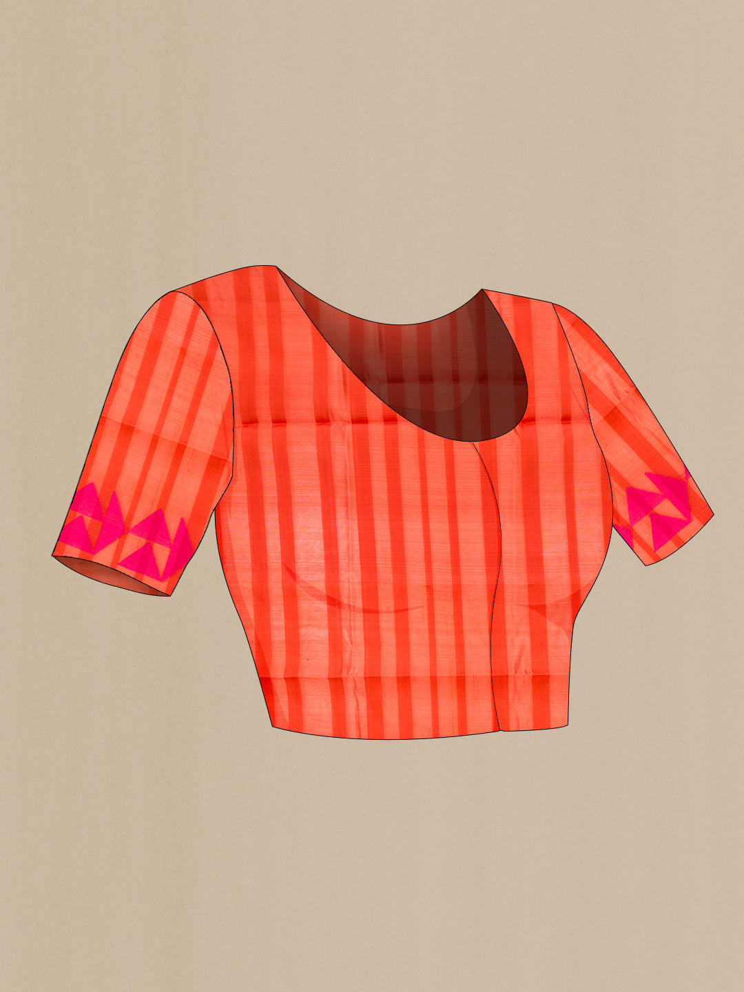 Close up image of the blouse of Orange Tussar Saree with Stripes on the body and Fancy Border. 
