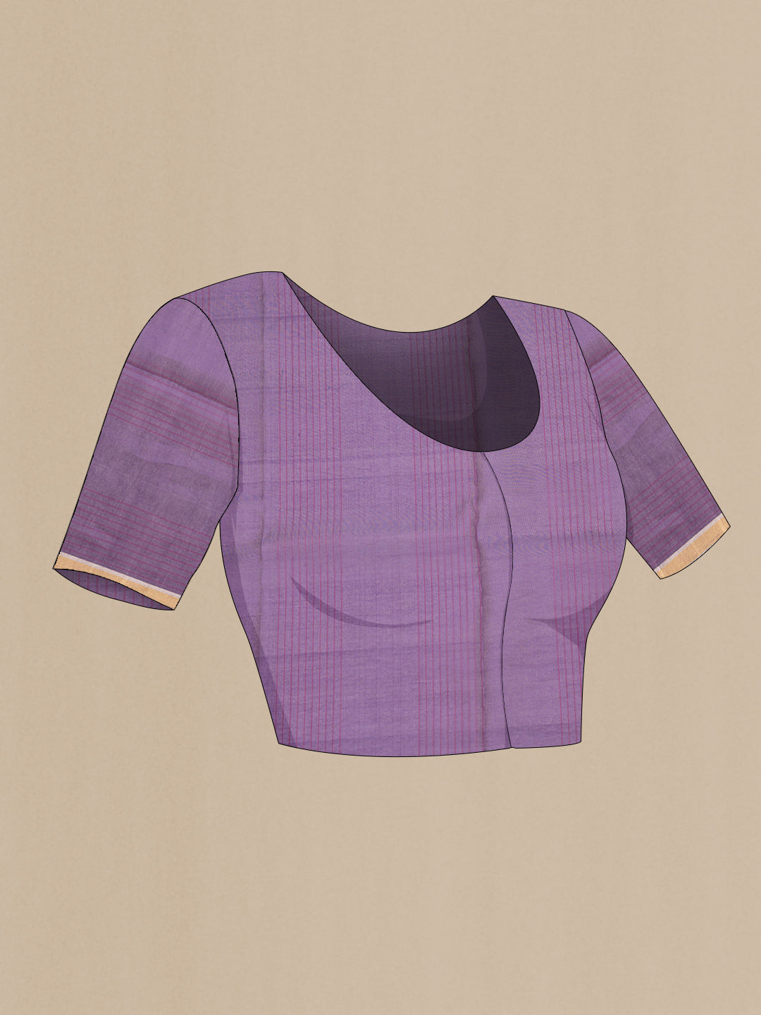 Close up image of the blouse of Pure Silk Purple Dual Tone Tussar Saree with Stripes on the body and Zari Border. 